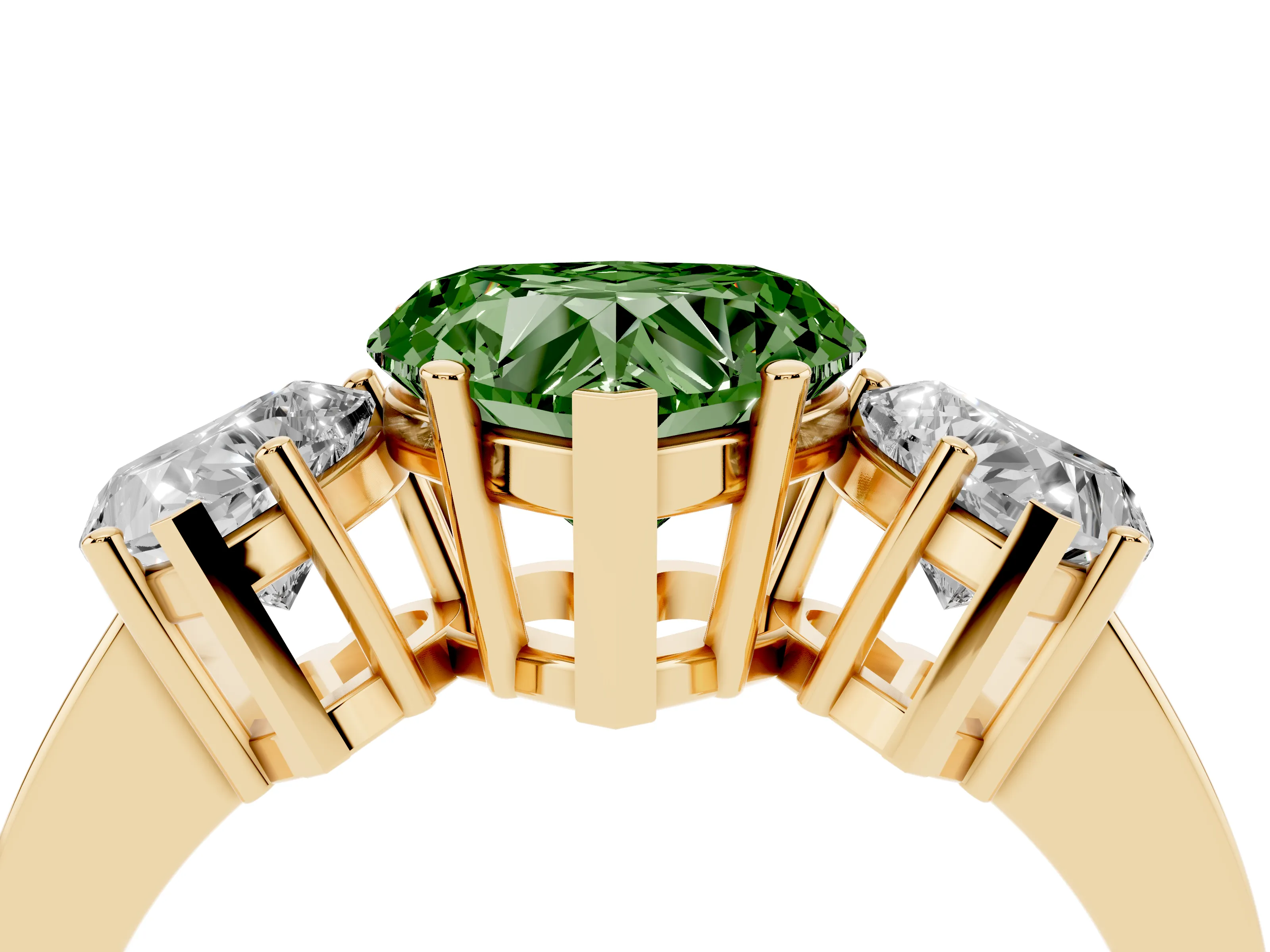 Fancy Green Heart Cut Diamond Three-Stone Engagement Ring Set in Yellow gold with Flat Band