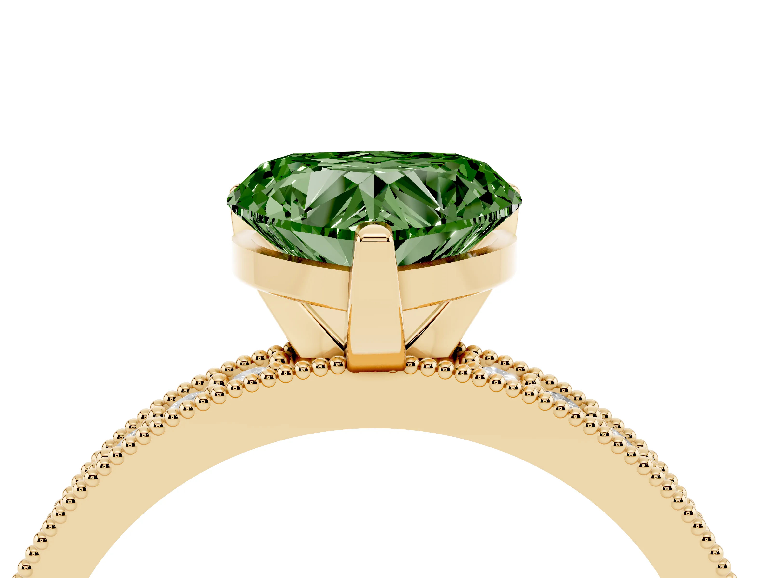 Fancy Green Heart Cut Diamond Milgrain Pavé Engagement Ring Set in Yellow gold with Prong Setting