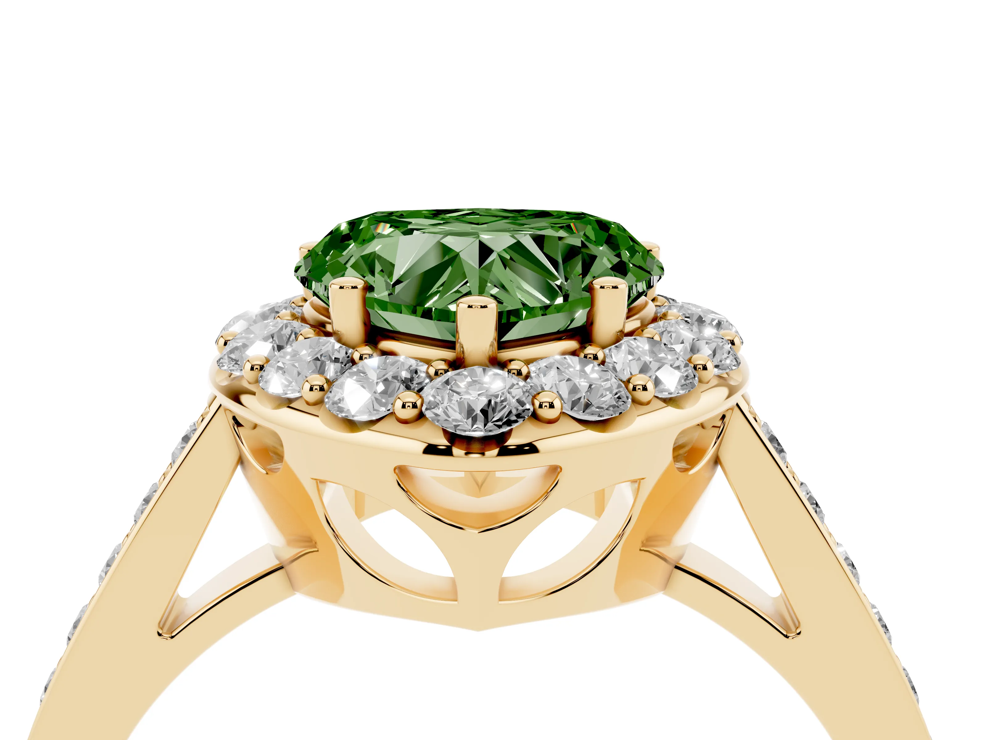 Fancy Green Heart Cut Diamond Floral Halo Ring Set in Yellow gold with Pavé Band and Prong Setting