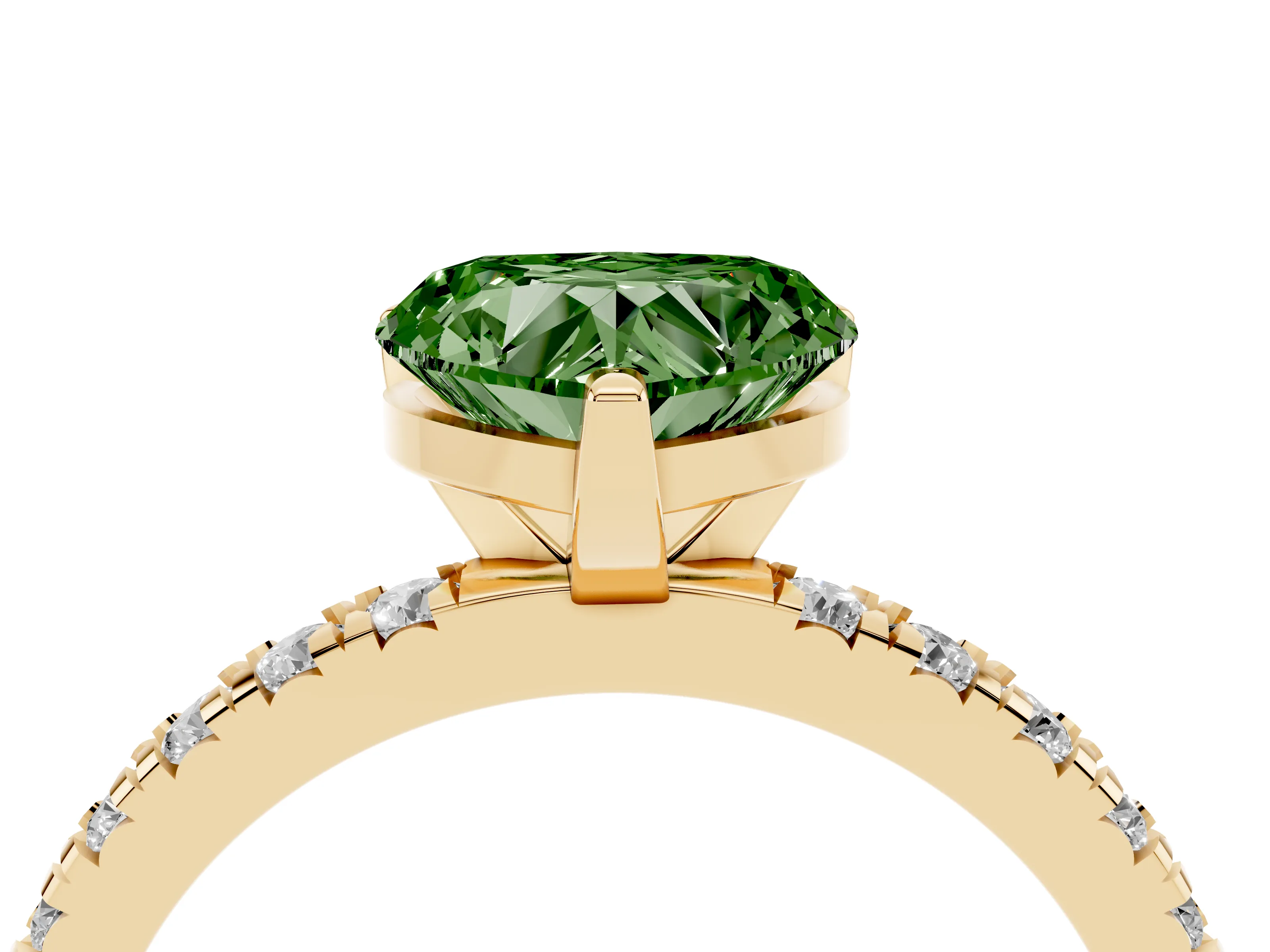 Fancy Green Heart Cut Diamond Pavé Band Solitaire Set in Yellow gold with Prong Setting