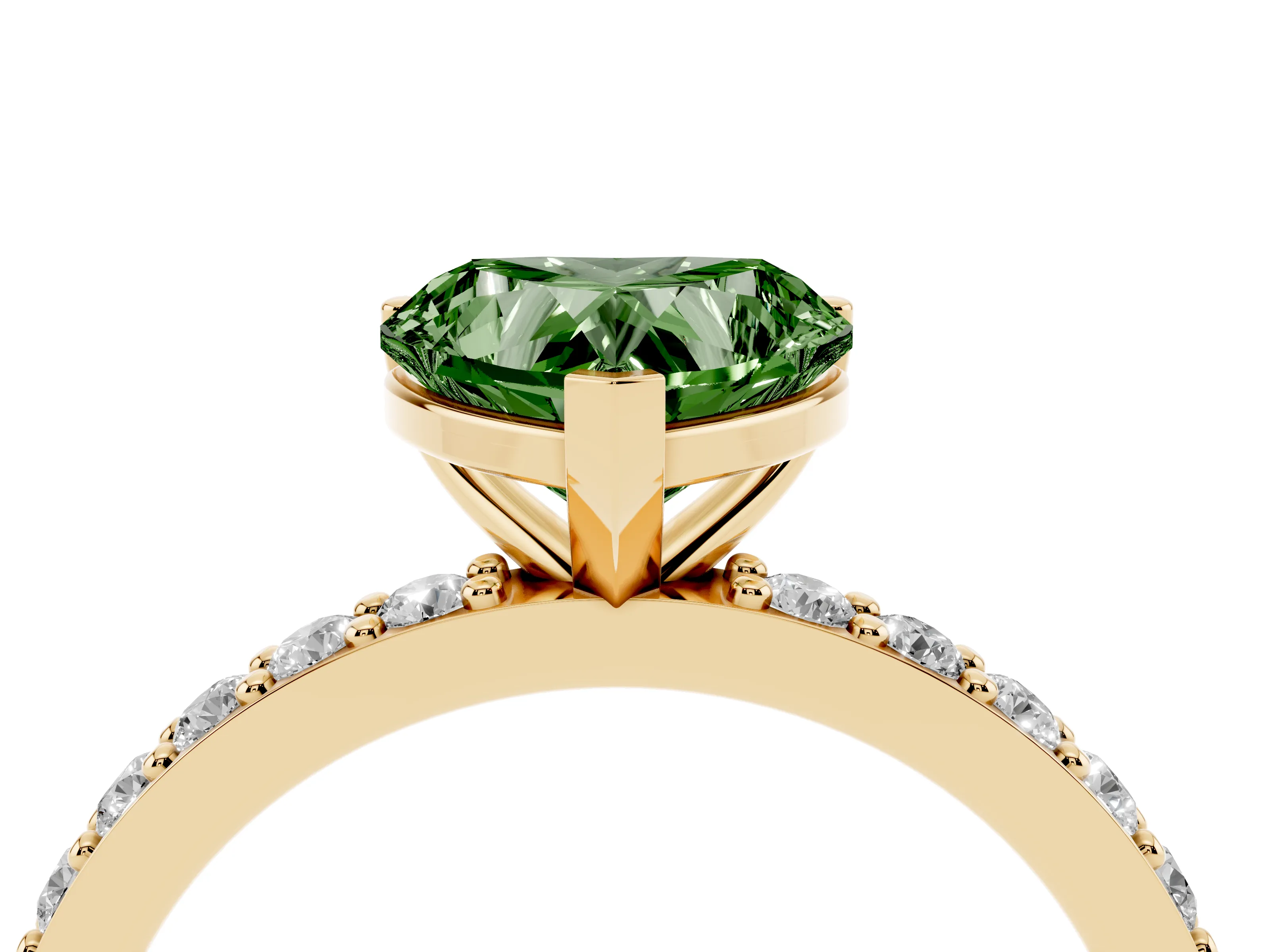 Fancy Green Heart Cut Diamond Solitaire Set in Yellow gold with Round Pavé Band and Prong Setting