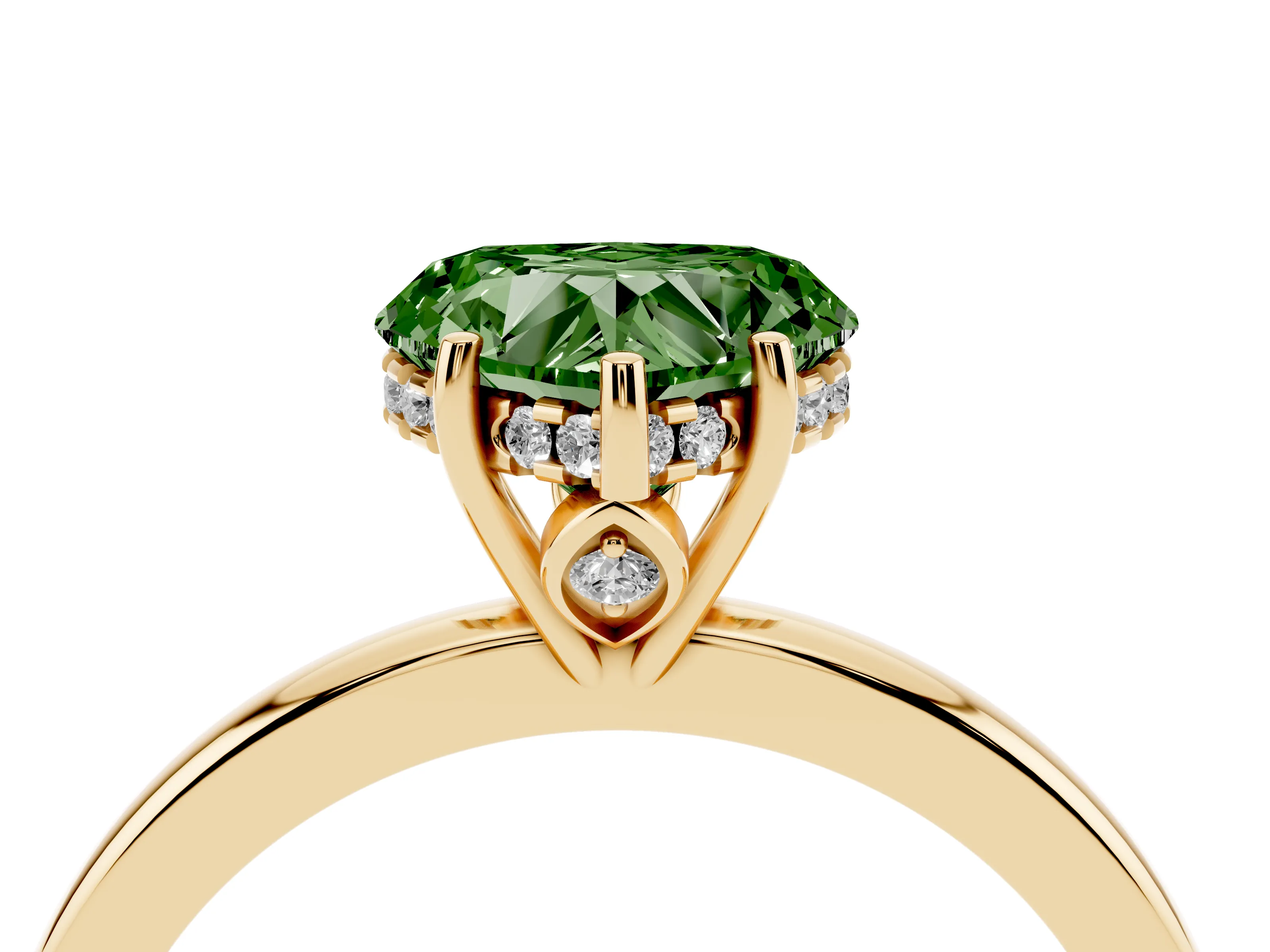 Fancy Green Heart Cut Diamond Solitaire Ring Set in Yellow gold with Plain Band and Prong Setting