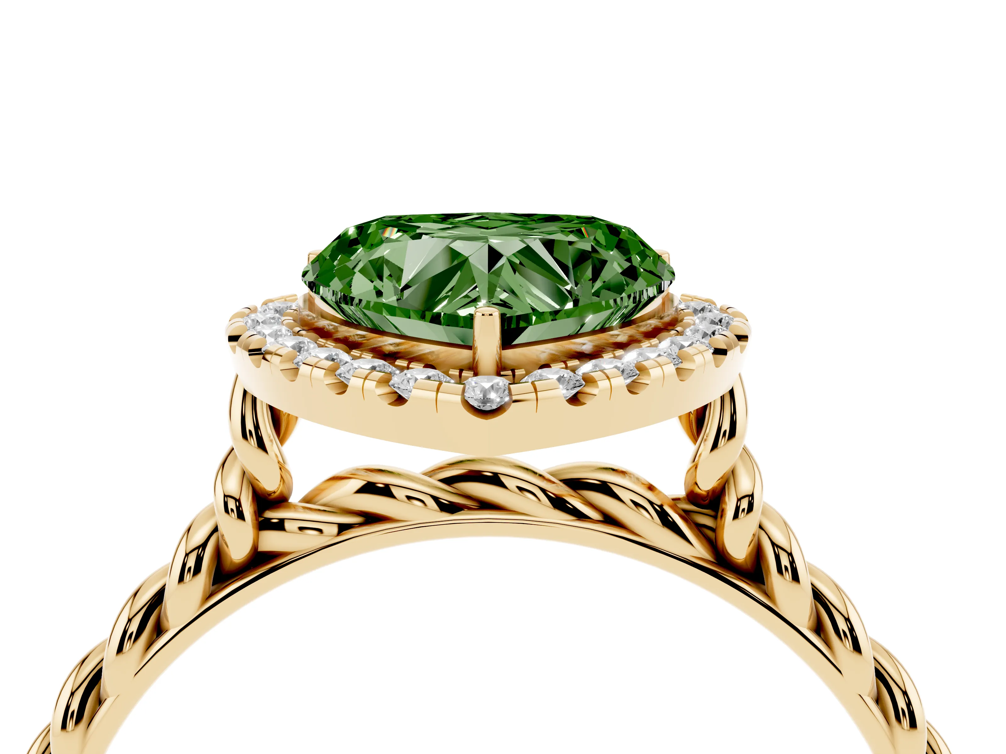 Fancy Green Heart Cut Diamond Halo Ring Set in Yellow gold with Plain Twisted Band