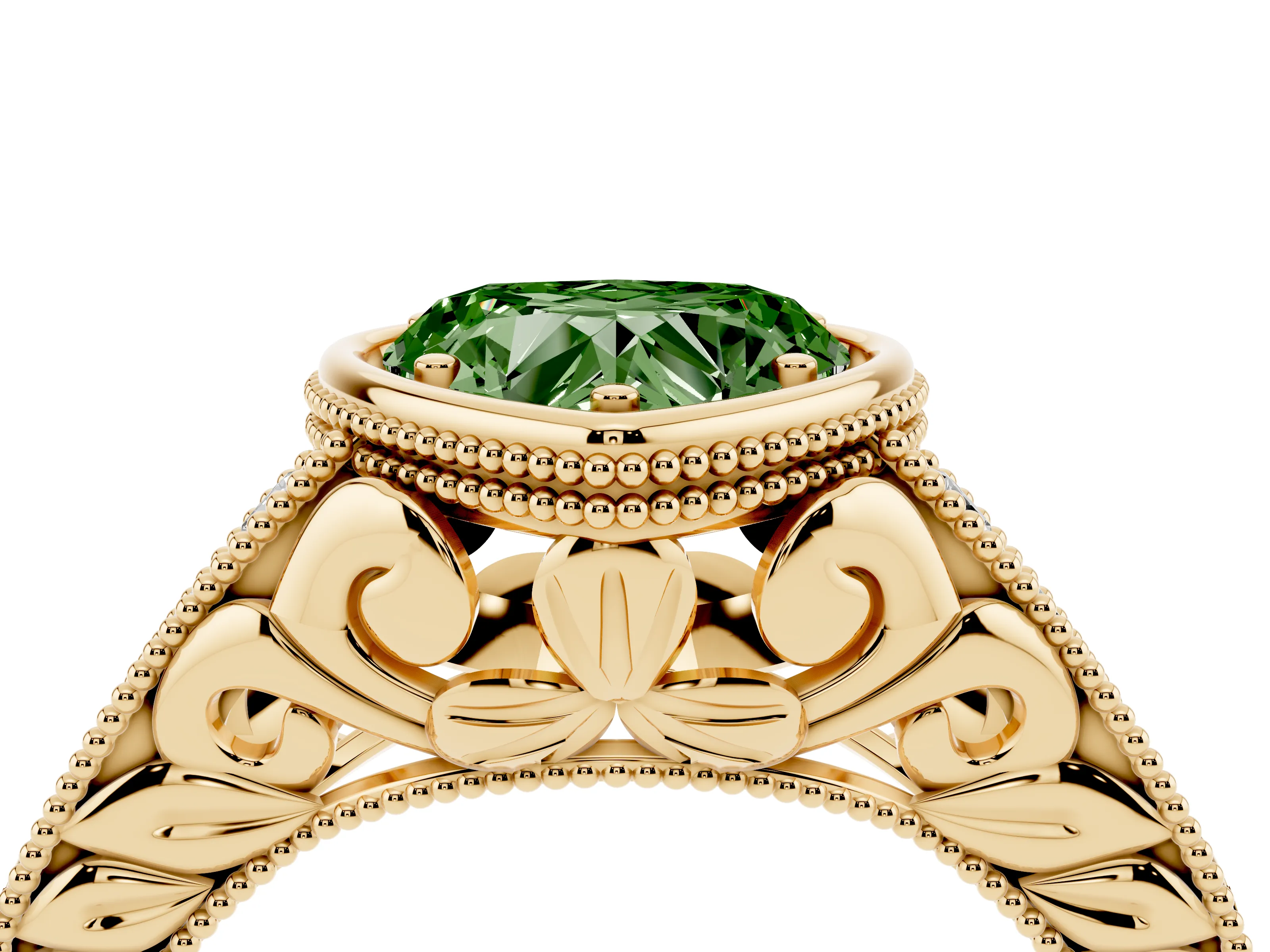 Fancy Green Bezel Set Heart Cut Diamond Milgrain Pavé Engagement Ring Set in Yellow gold
