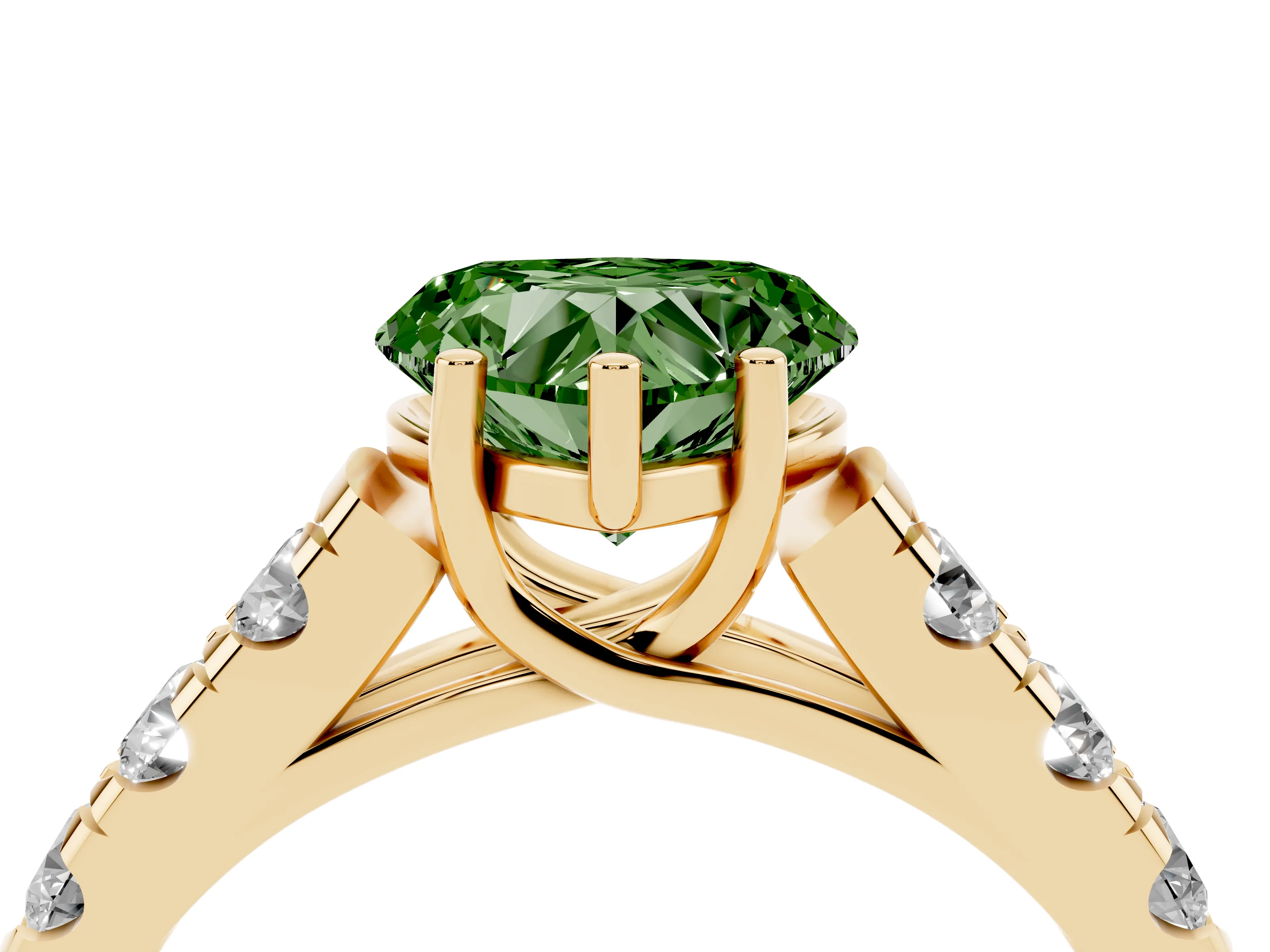 Fancy Green Heart Cut Diamond Solitaire Ring Set in Yellow gold with Cut-Down Micro Pavé Band and Prong Setting