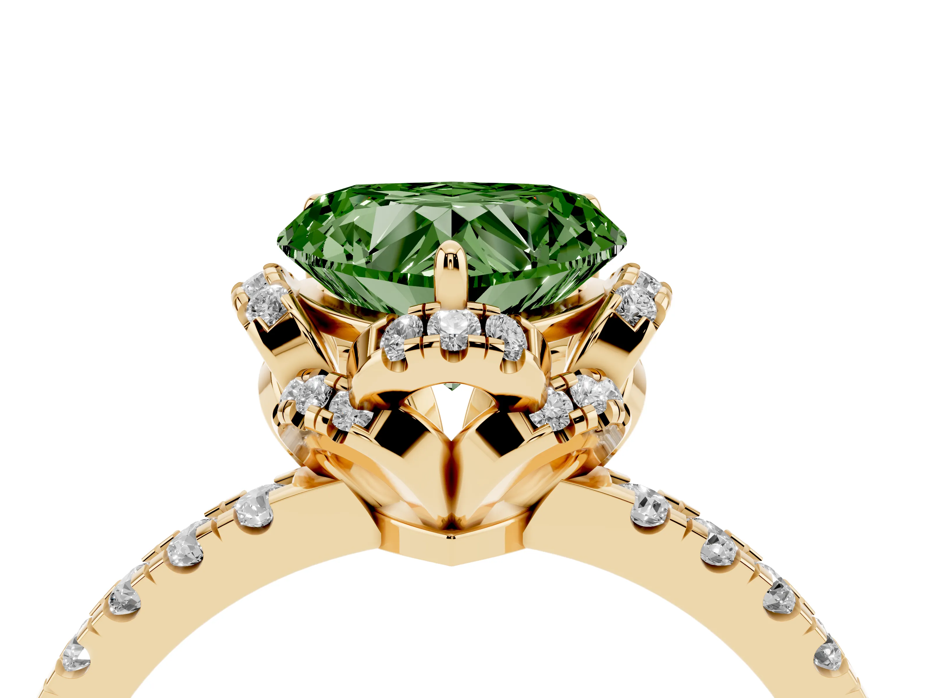Fancy Green Heart Cut Diamond Halo Pavé Band Ring Set in Yellow gold with Prong-Held Center