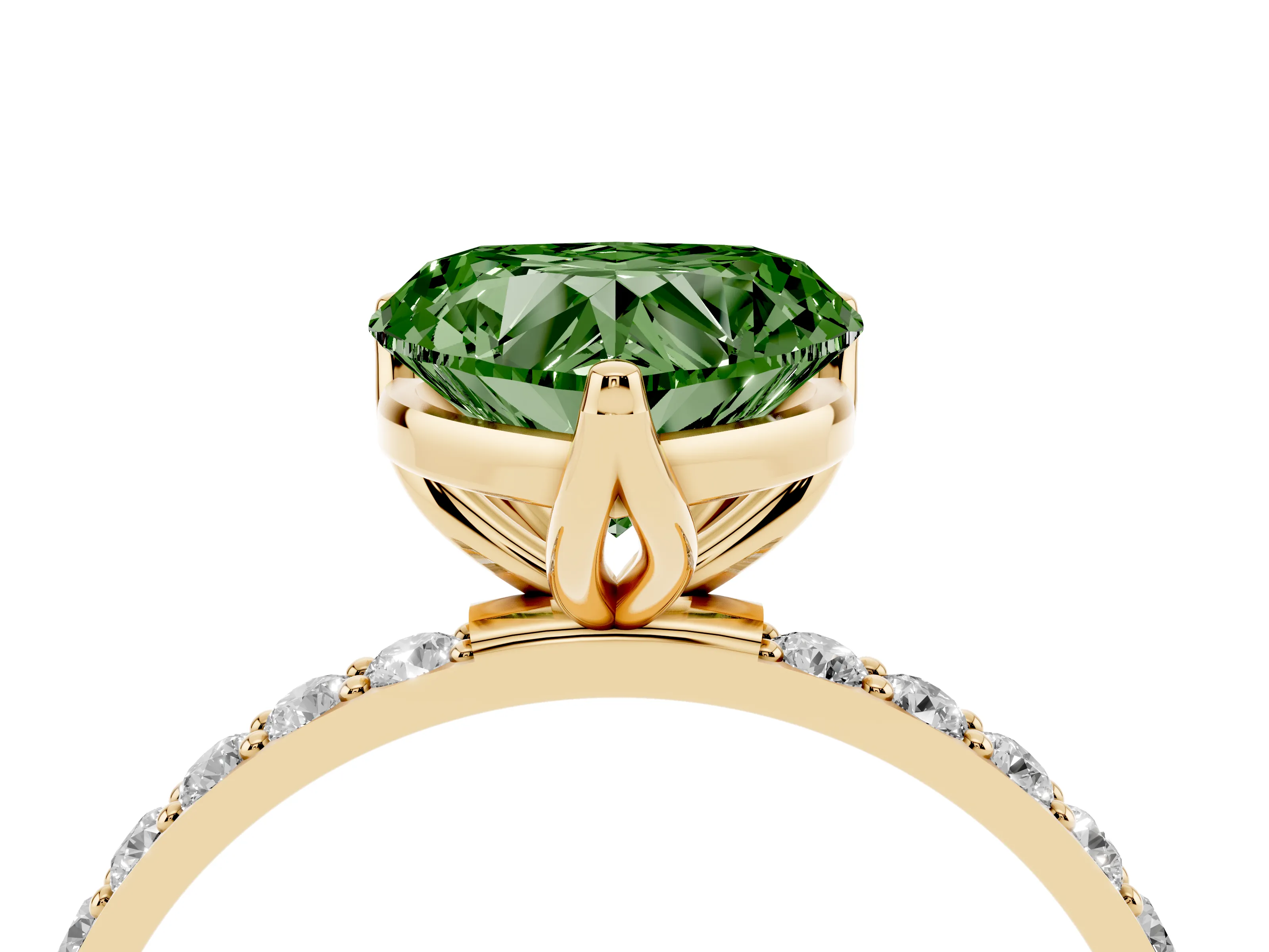 Fancy Green Heart Cut Diamond Solitaire Engagement Ring Set in Yellow gold with Round Pavé Band and Prong Setting