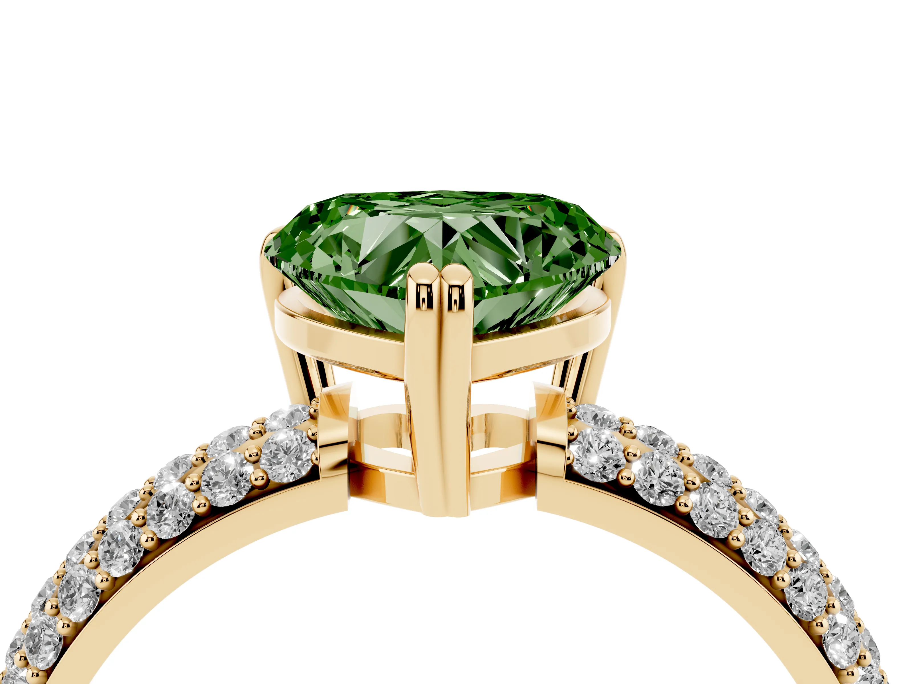 Fancy Green Heart Cut Diamond Solitaire Ring Set in Yellow gold with Multi-Row Round Pavé Band and Prong Setting