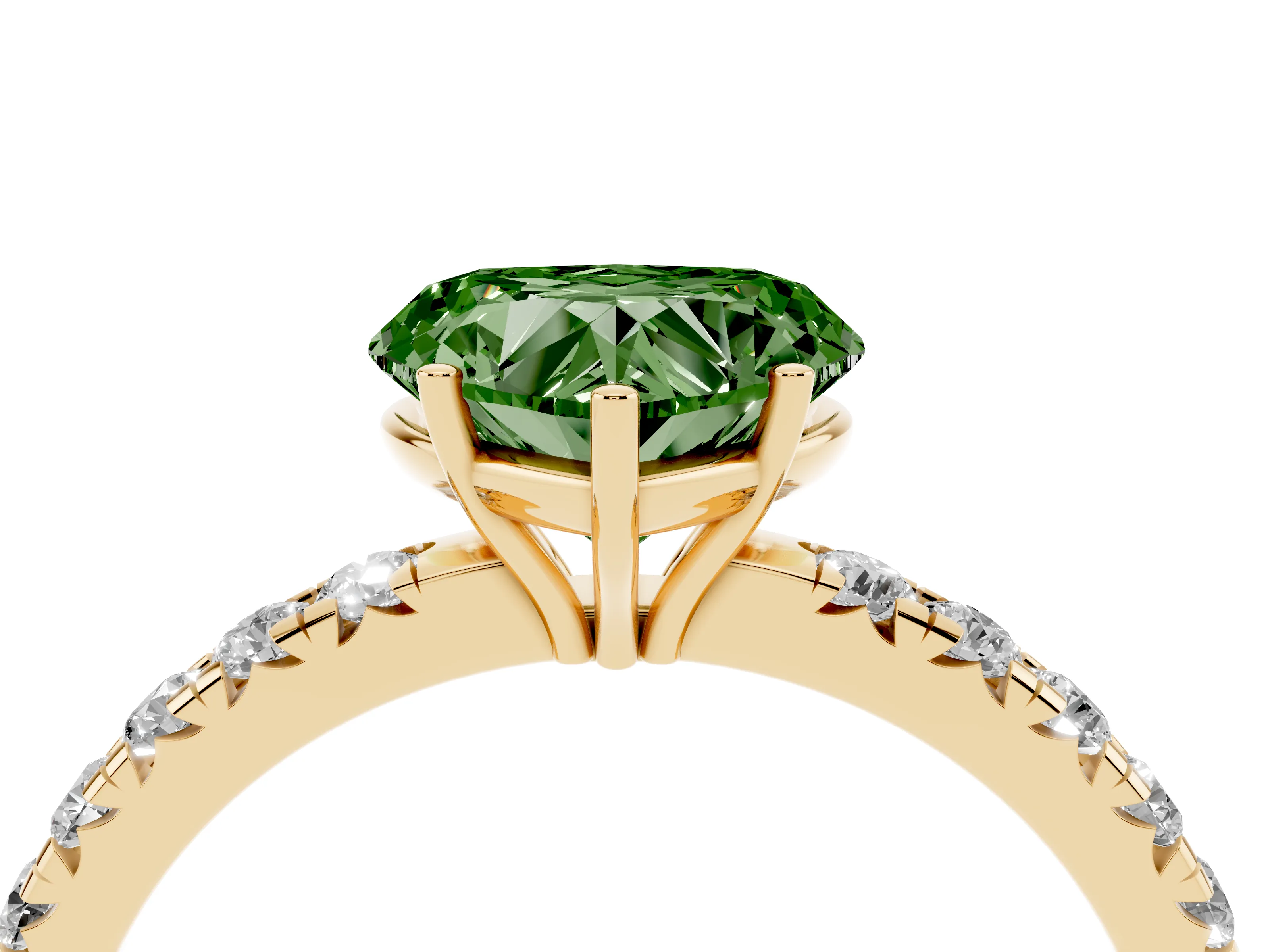 Fancy Green Heart Cut Diamond Pavé Solitaire Engagement Ring Set in Yellow gold with Prong Setting