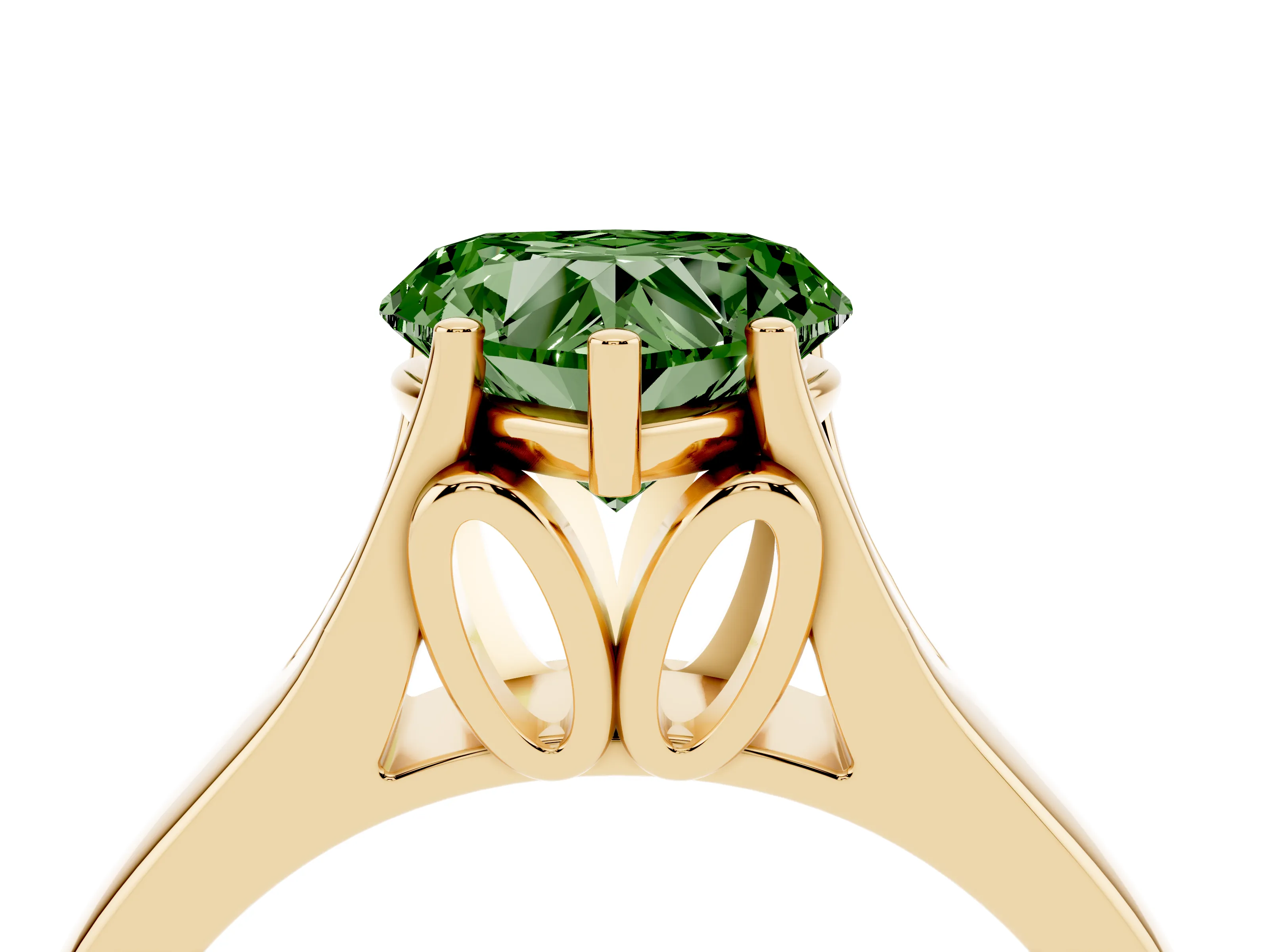 Fancy Green Heart Cut Diamond Solitaire Ring Set in Yellow gold with Arched Cathedral Band and Prong Setting