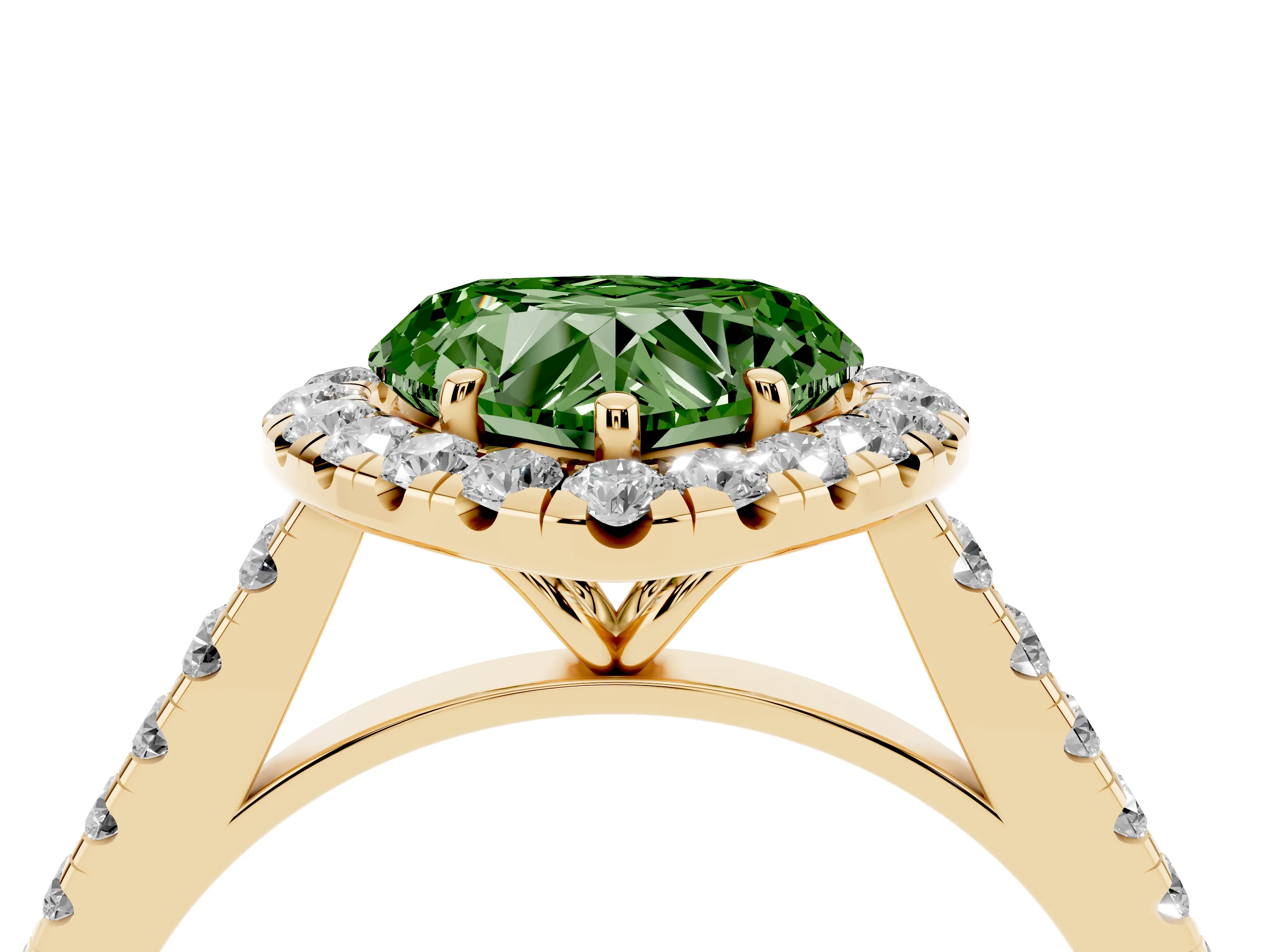 Fancy Green Heart Cut Diamond Halo Pavé Engagement Ring Set in Yellow gold with Prong Setting
