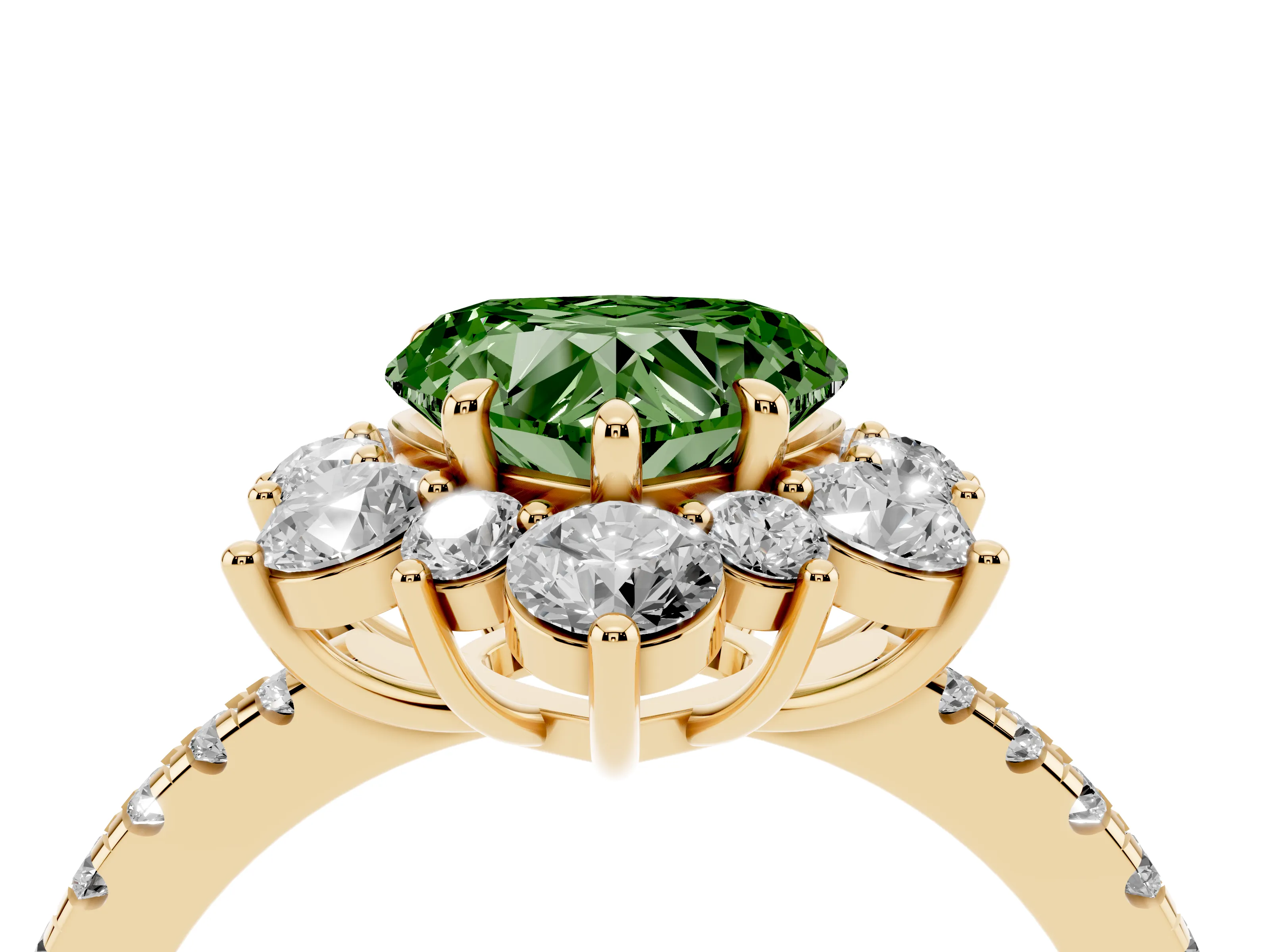 Fancy Green Heart Cut Diamond Floral Halo Ring Set in Yellow gold with Round Pavé Band and Prong Setting