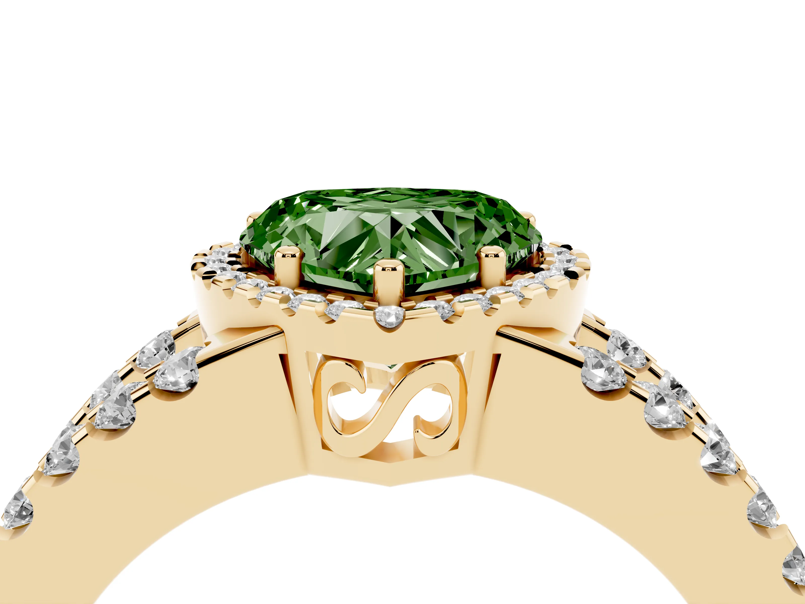 Fancy Green Heart Cut Diamond Halo Ring Set in Yellow gold with Pavé Split Shank and Prong Setting