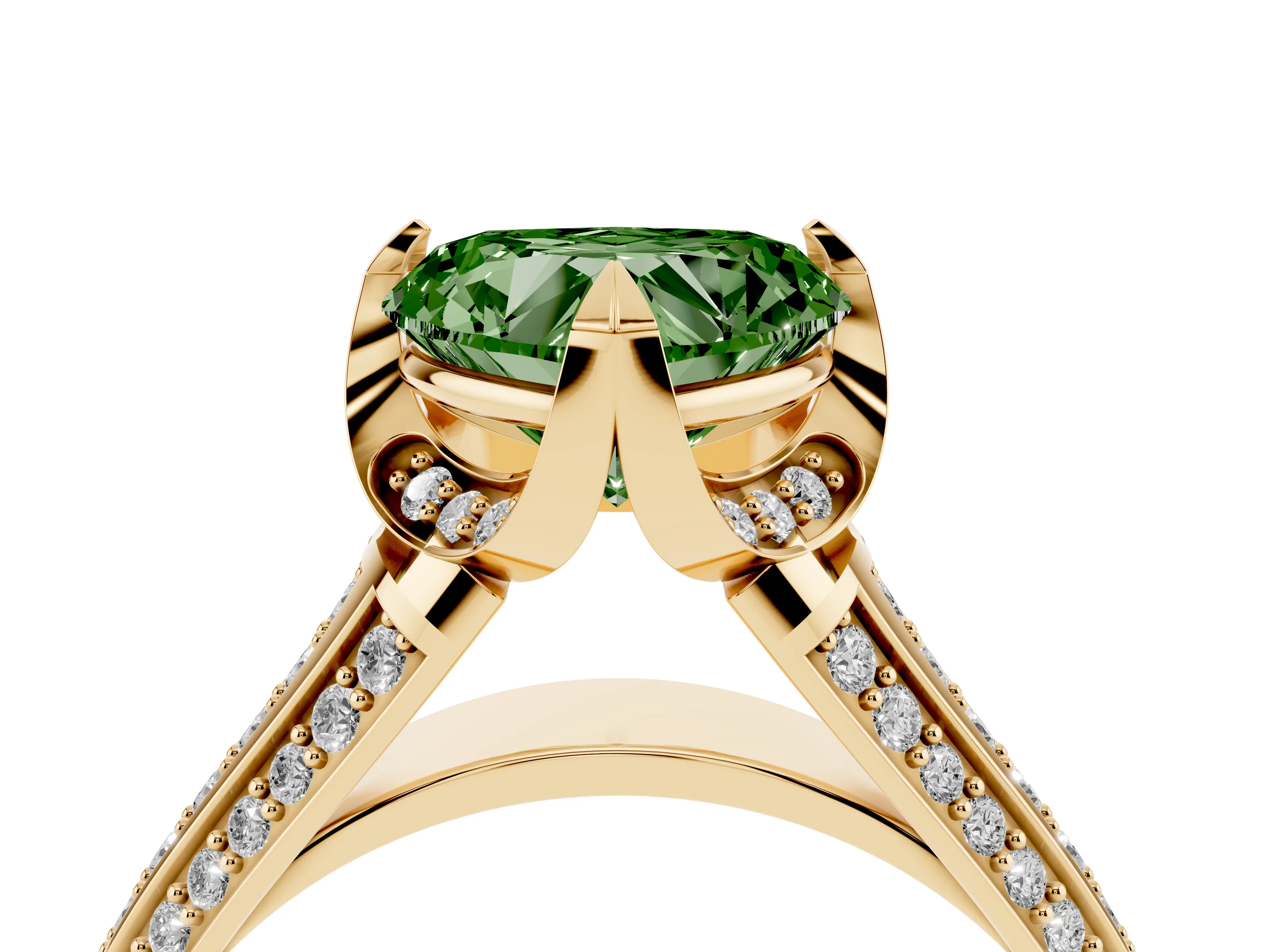 Fancy Green Heart Cut Diamond Pavé Split Shank Solitaire Ring Set in Yellow gold with Prong Setting