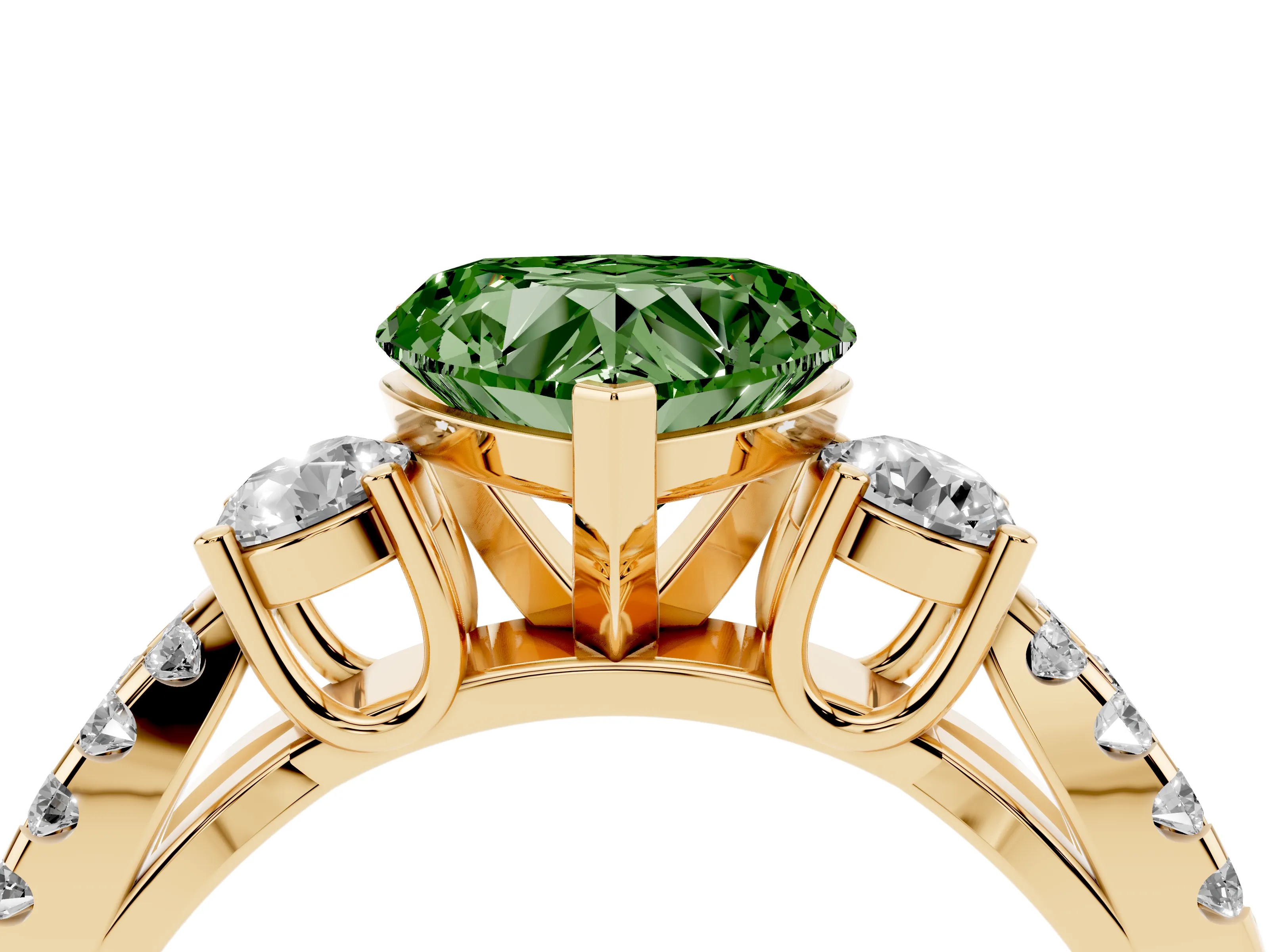 Fancy Green Heart Cut Diamond Three-Stone Ring Set in Yellow gold with Pavé Split Shank and Prong Setting