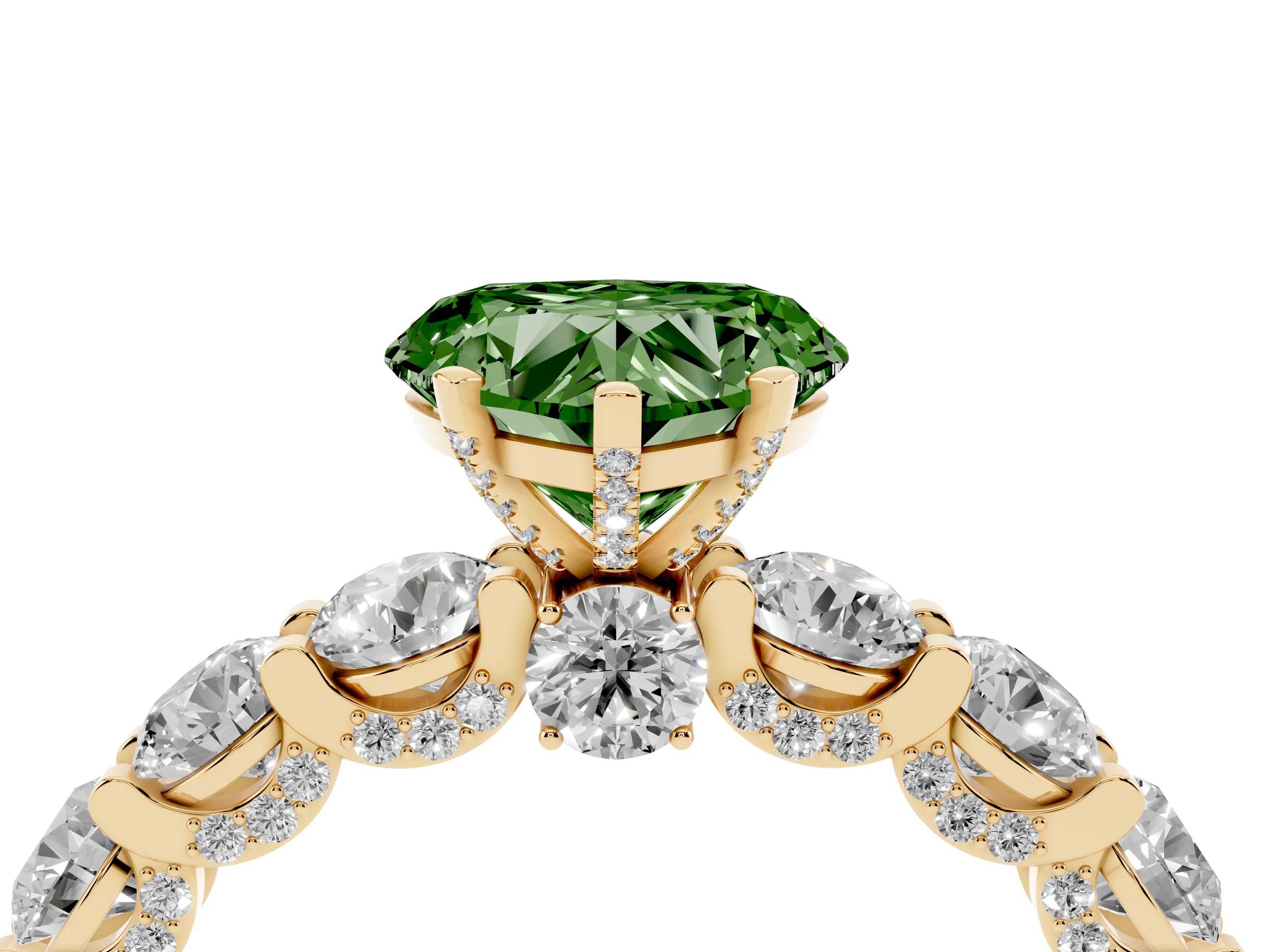 Fancy Green Heart Cut Diamond Side Stone Ring Set in Yellow gold with Alternating Round and Oval Side Stones