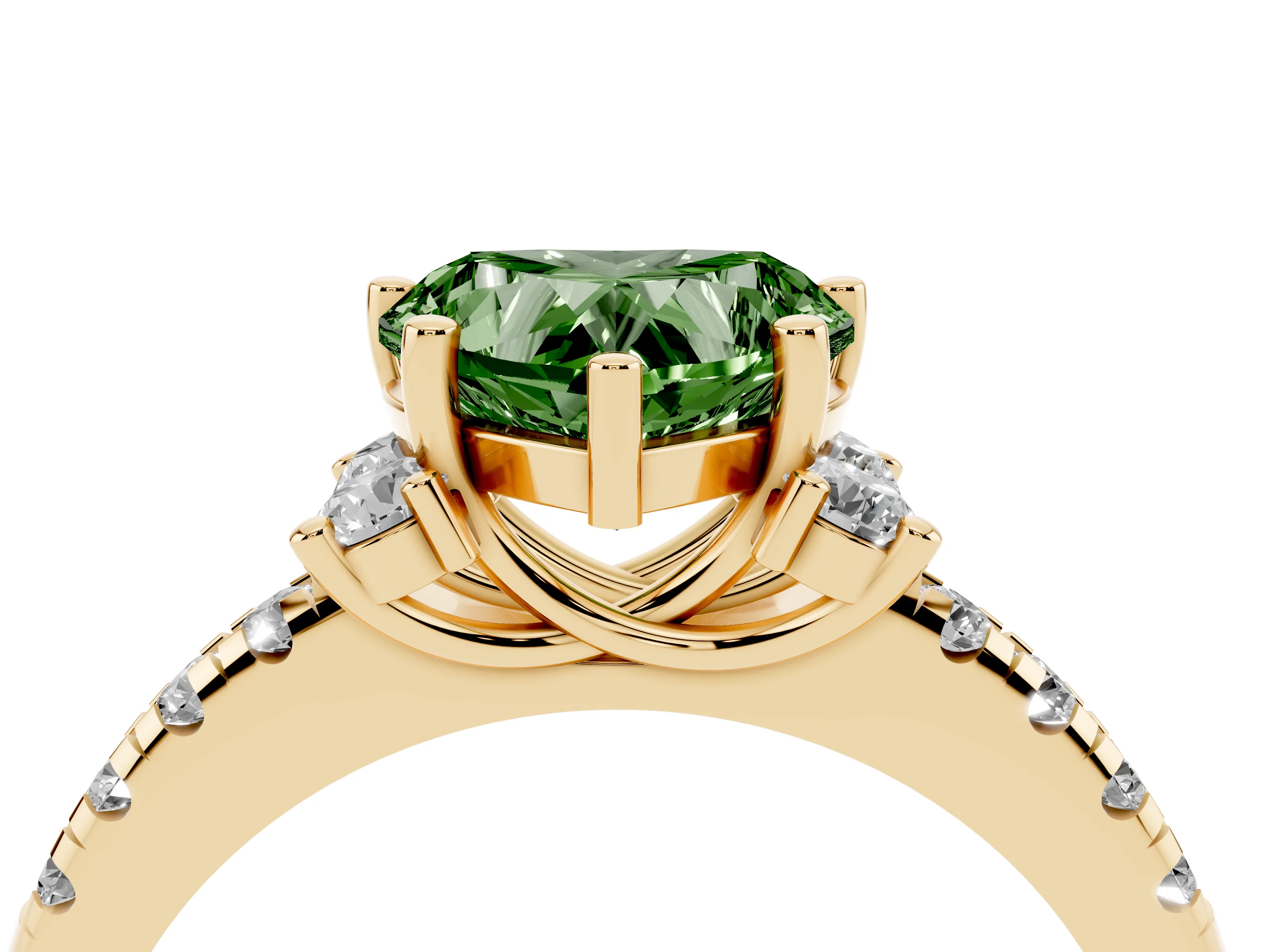 Fancy Green Heart Cut Diamond Three-Stone Pavé Ring Set in Yellow gold with Prong Setting