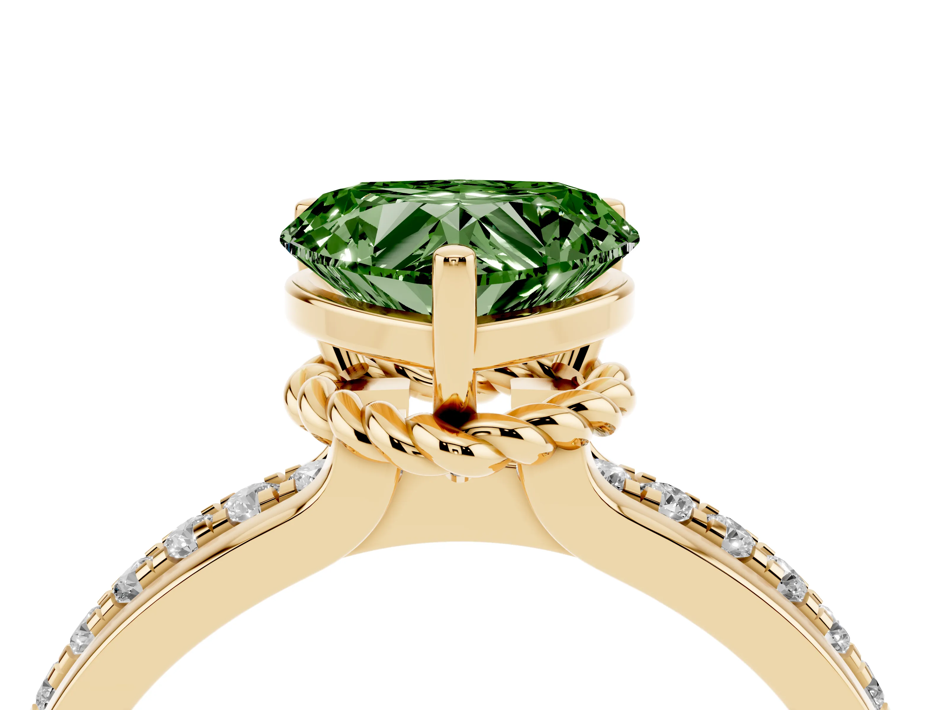 Fancy Green Heart Cut Diamond Solitaire Ring Set in Yellow gold with Channel Set Band and Prong Setting