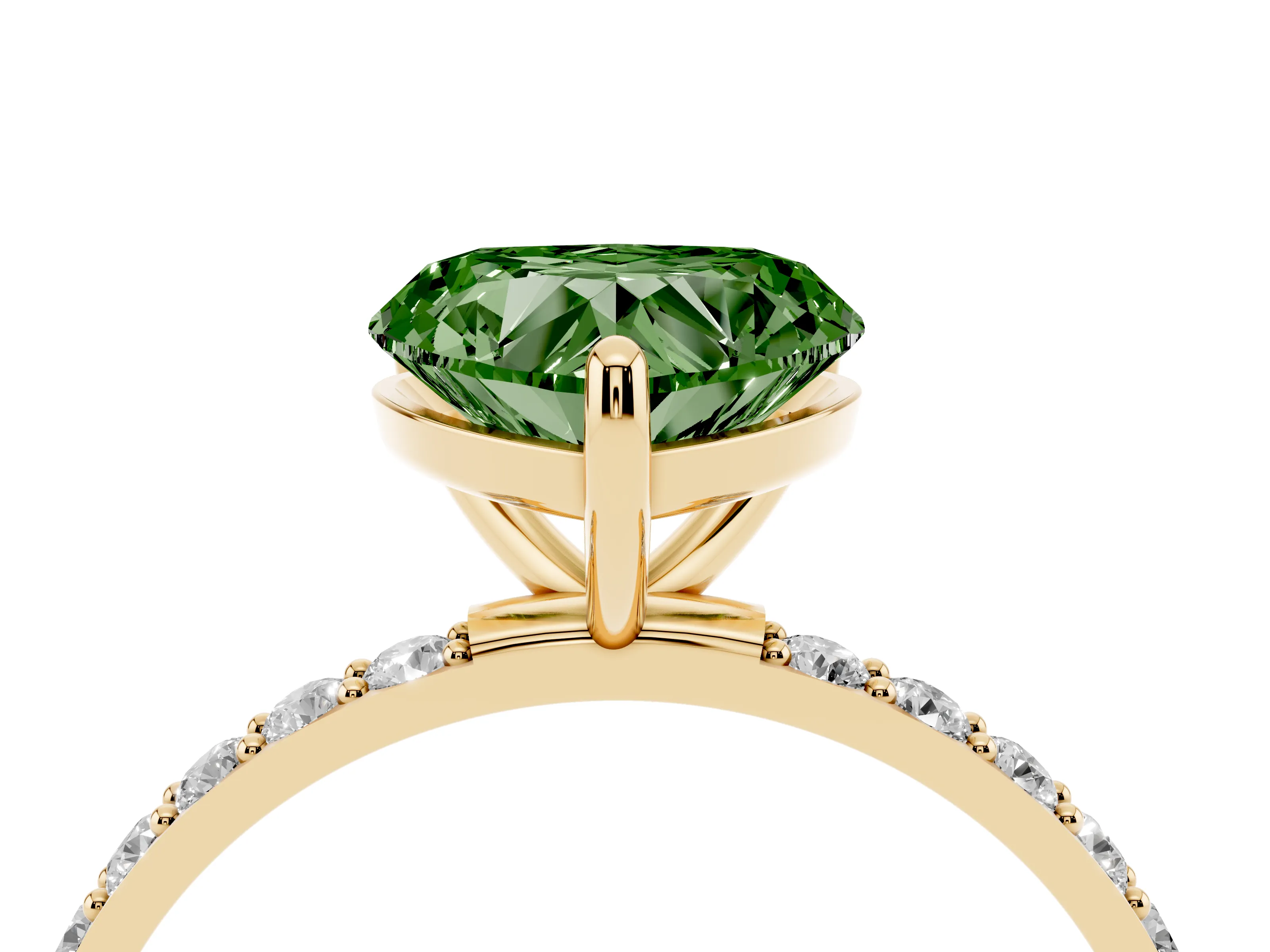 Fancy Green Heart Cut Diamond Solitaire Ring Set in Yellow gold with Round Pavé Band and Prong Setting