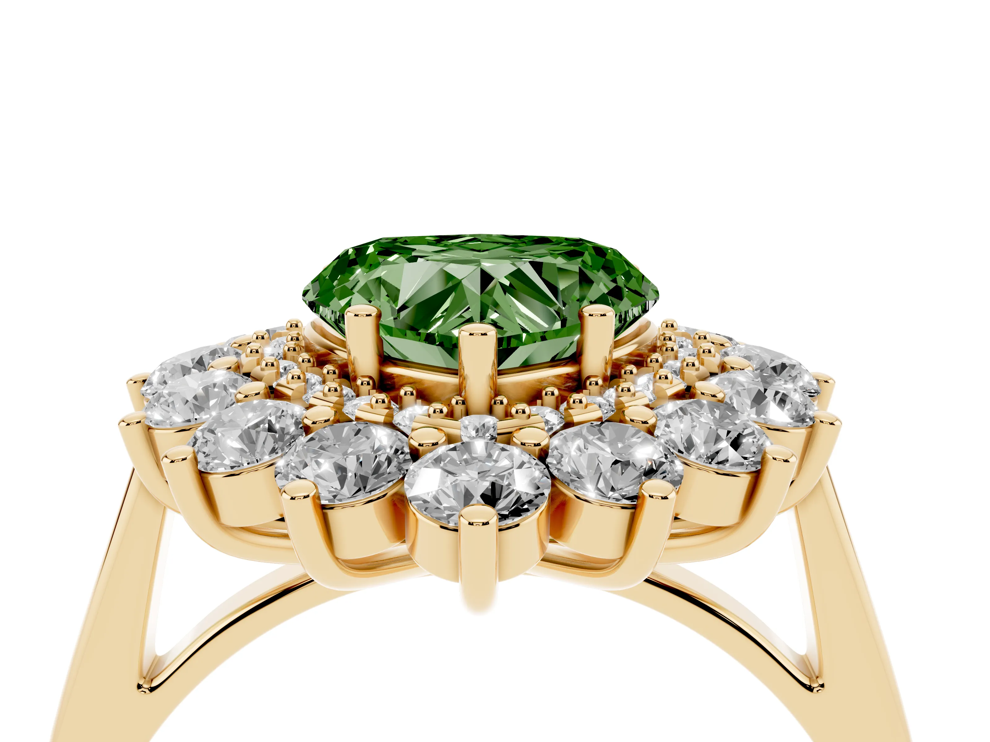 Fancy Green Heart Cut Diamond Floral Double Halo Ring Set in Yellow gold with Round Petals