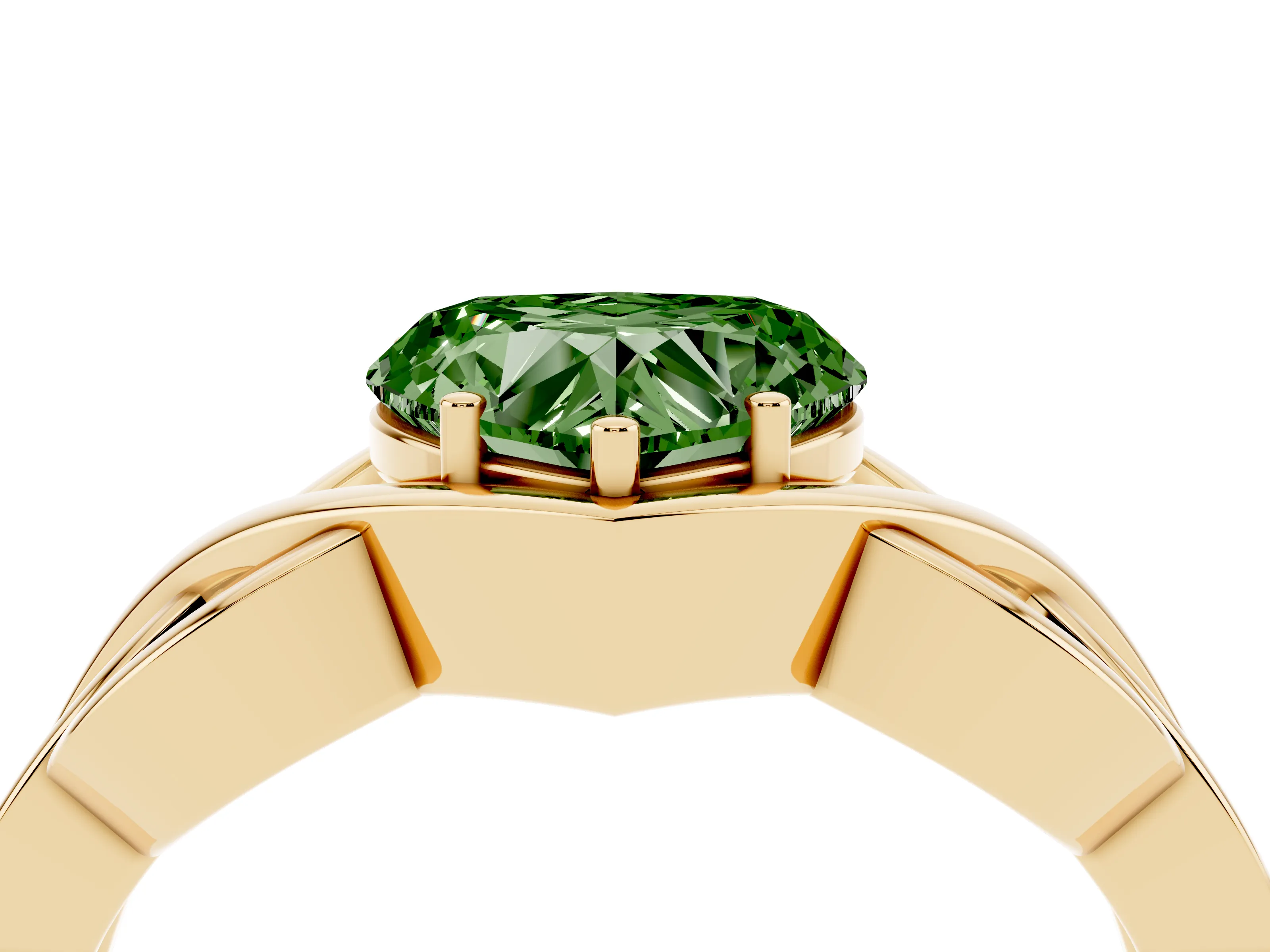 Fancy Green Heart Cut Diamond Solitaire Ring Set in Yellow gold with Intertwined Band