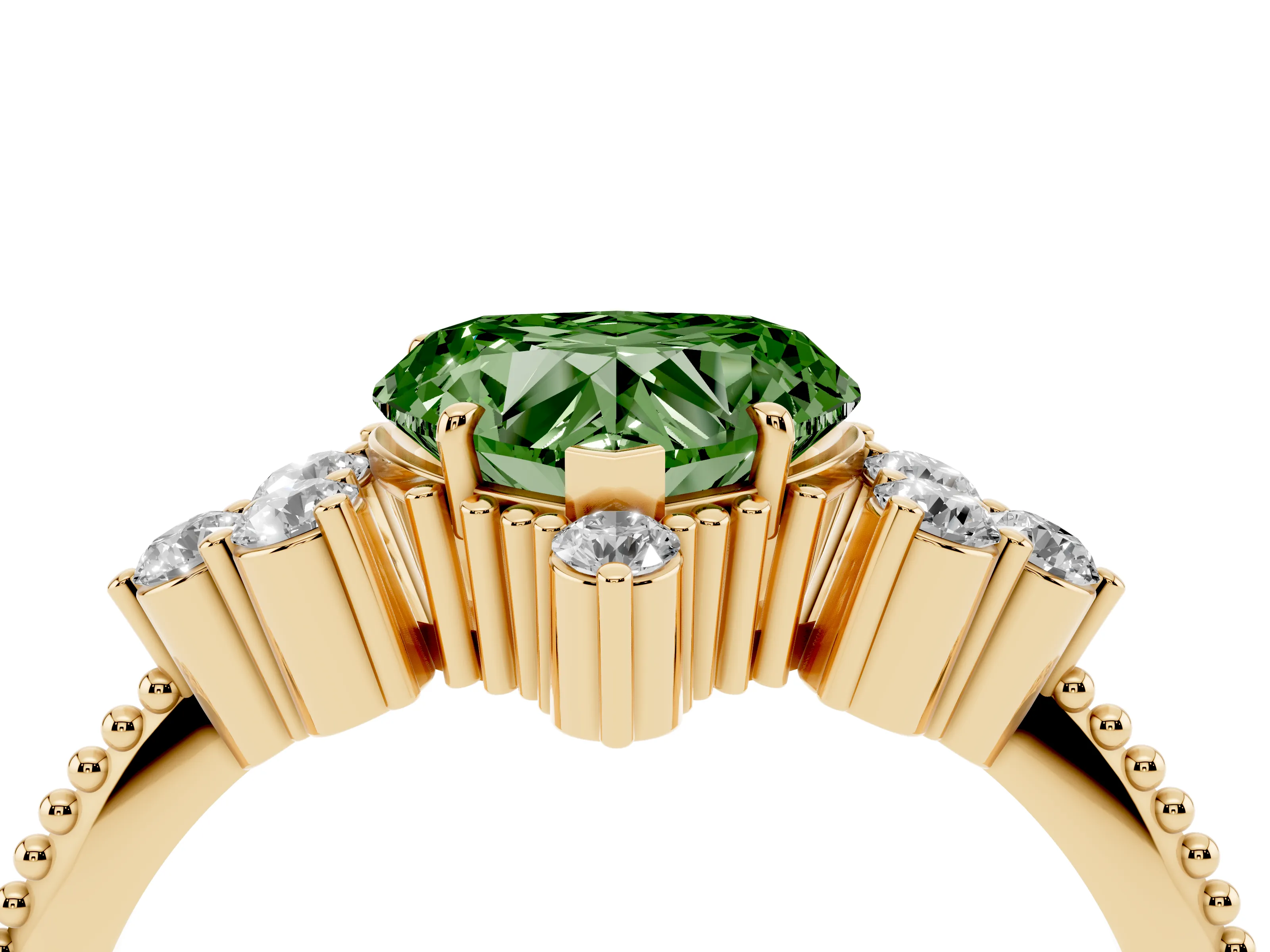 Fancy Green Heart Cut Diamond Cluster Ring Set in Yellow gold with Beaded Band
