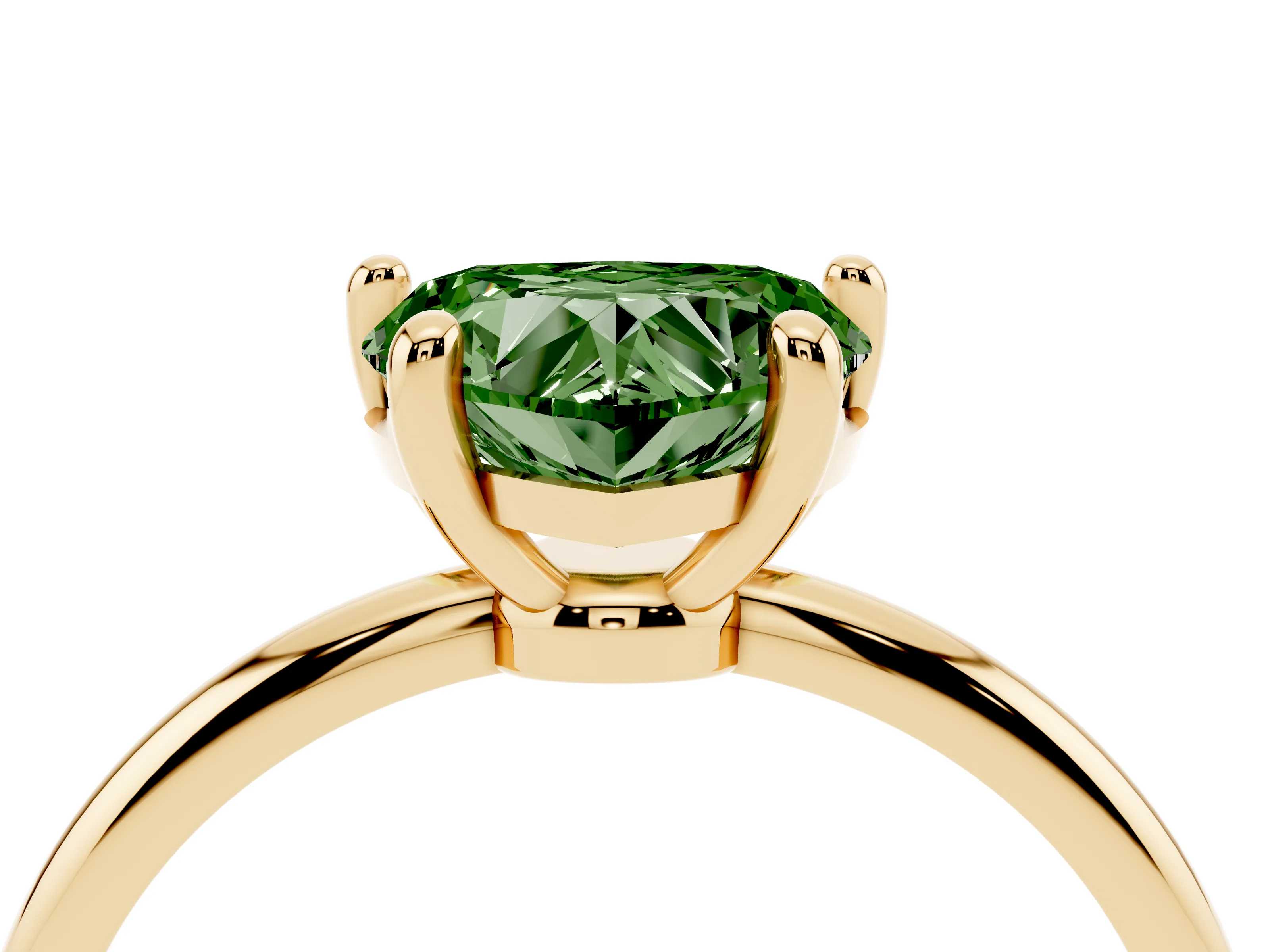 Fancy Green Heart Cut Diamond Solitaire Ring Set in Yellow gold with Secure Prong Setting on a Classic Band