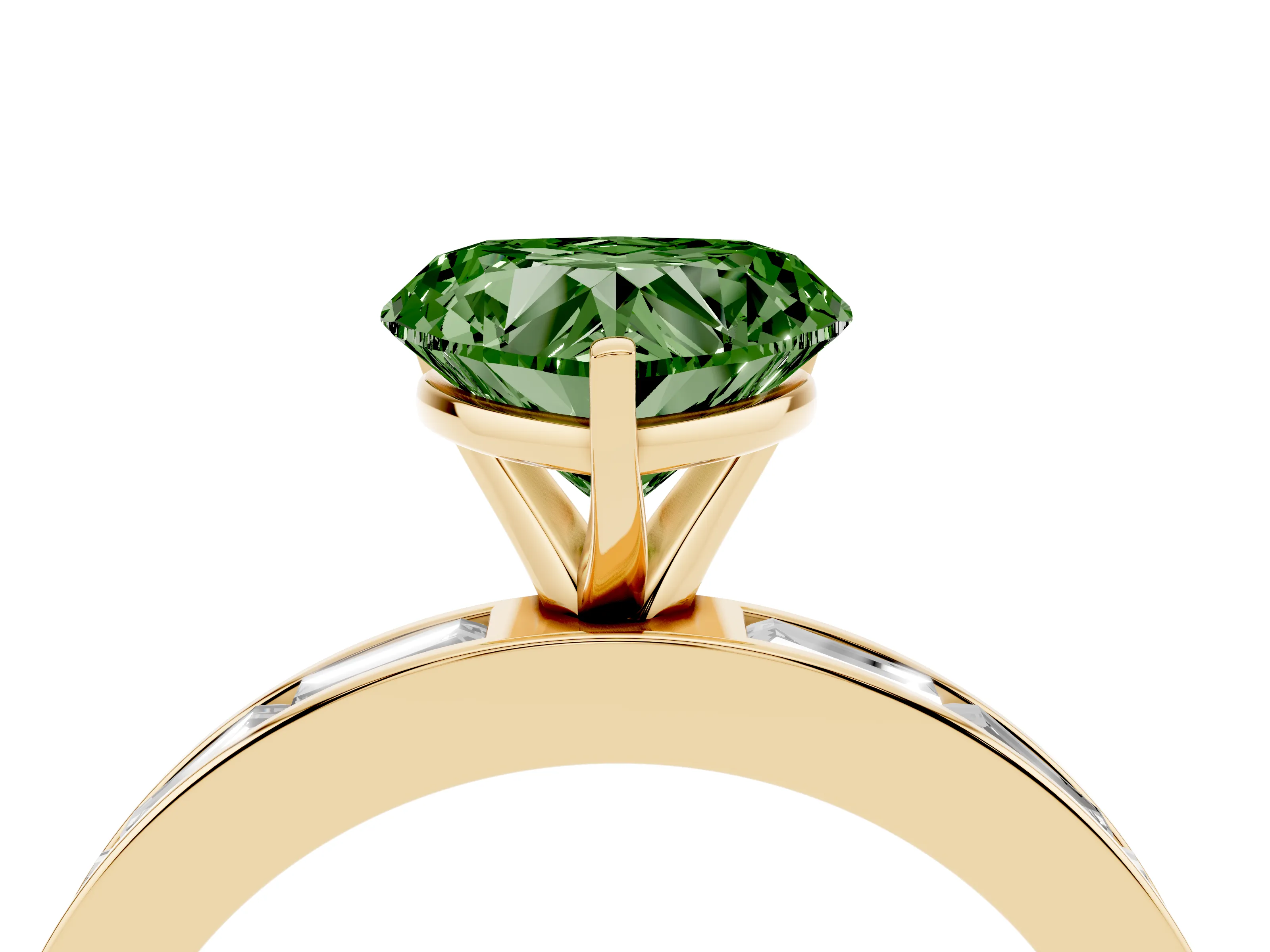 Fancy Green Heart Cut Diamond Solitaire Ring Set in Yellow gold with Channel-Set Baguette Band and Prong Setting