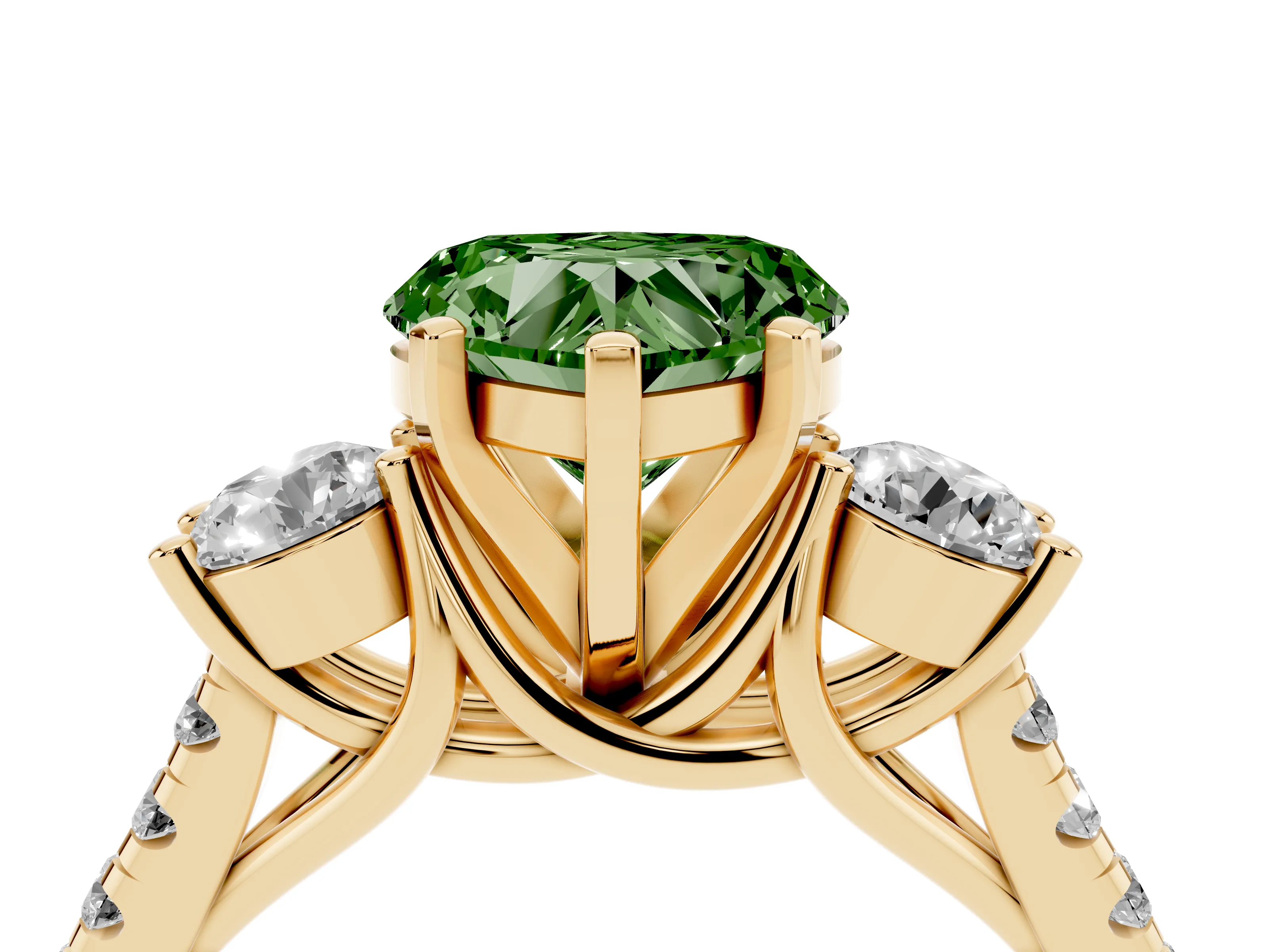 Fancy Green Three-Stone Heart Cut Diamond Pavé Band Ring Set in Yellow gold with Prong-Set Trio