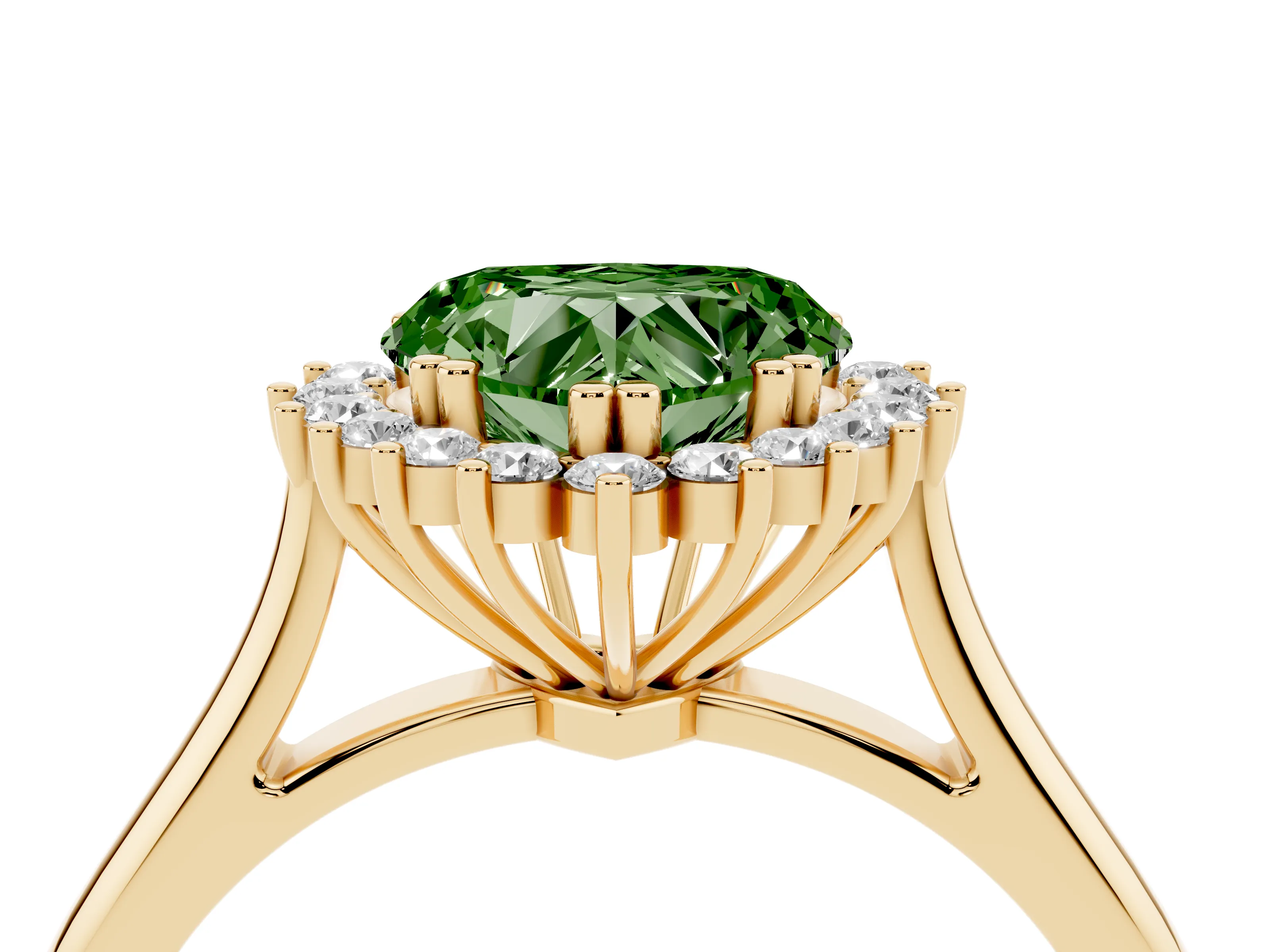 Fancy Green Heart Cut Diamond Halo Ring Set in Yellow gold with Plain Solitaire Band and Prong Setting