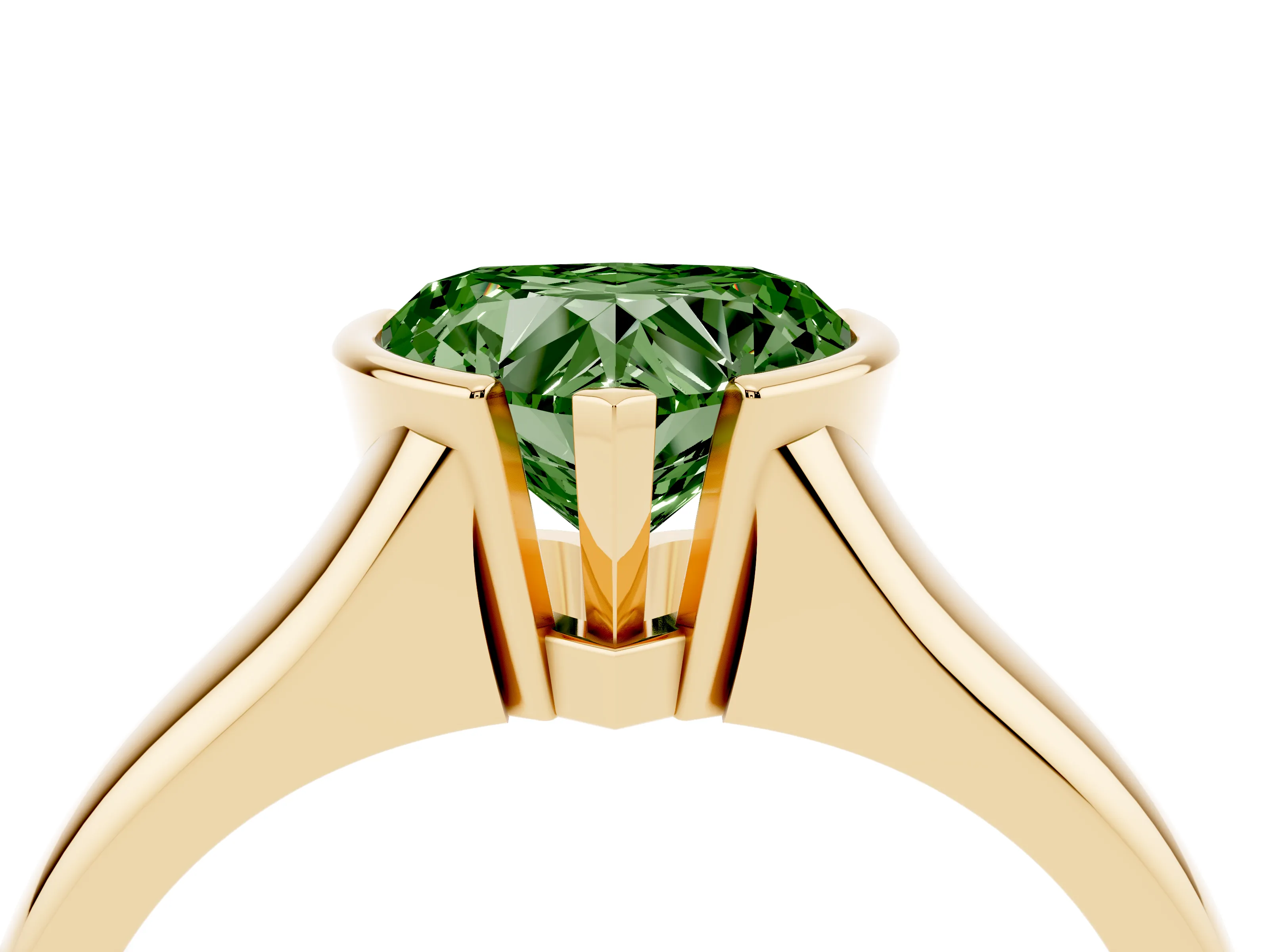 Fancy Green Heart Cut Diamond Solitaire Tension Set Ring Set in Yellow gold with Split Shank Band