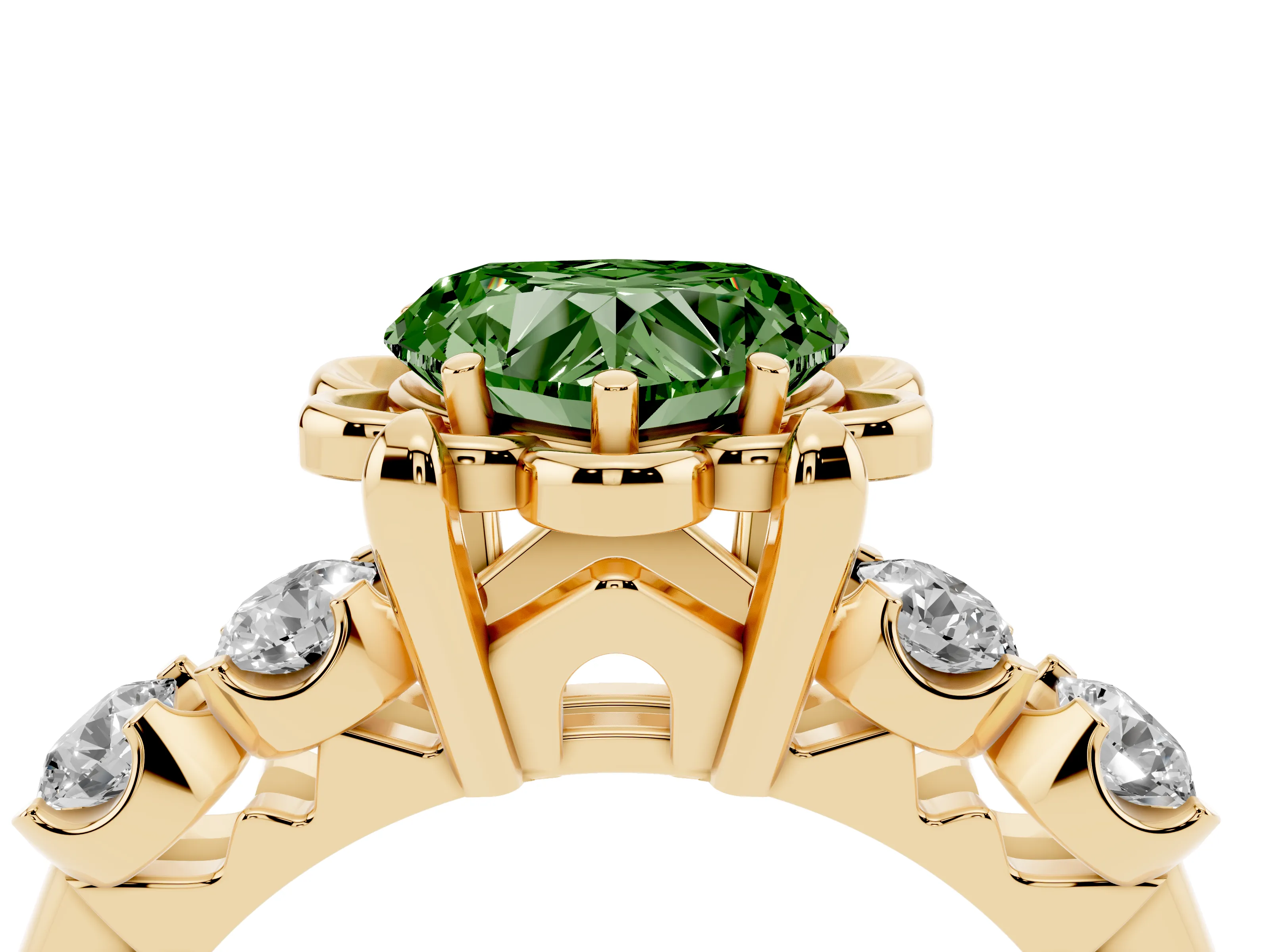 Fancy Green Heart Cut Diamond Floral Halo Ring Set in Yellow gold with Shared Prong Band
