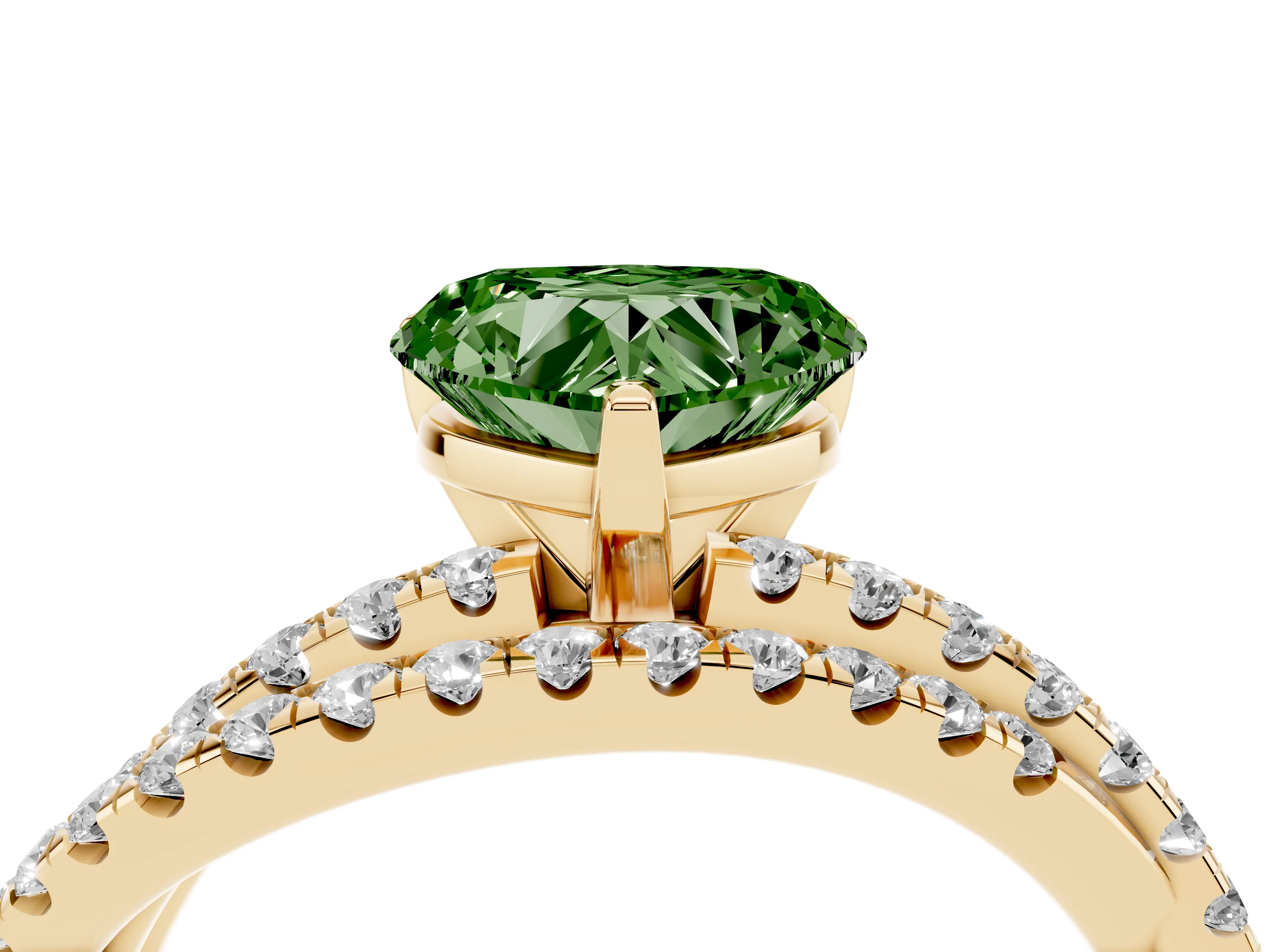 Fancy Green Heart Cut Diamond Solitaire Twist Band Ring Set in Yellow gold with Pavé Setting and Prong Head