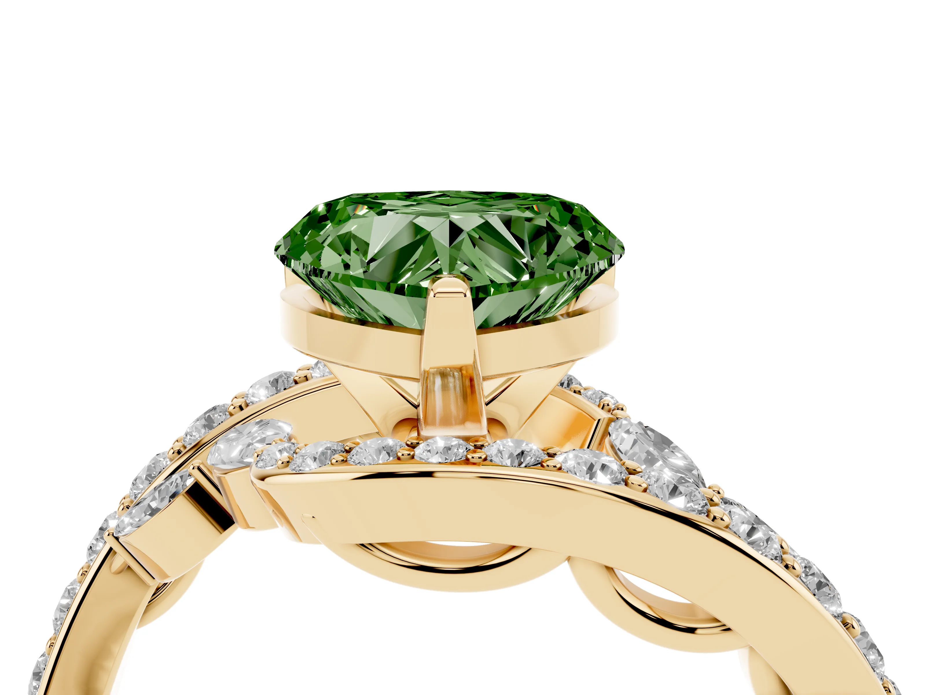 Fancy Green Heart Cut Diamond Solitaire Ring Set in Yellow gold with Pavé Twist Band and Secure Prong Setting