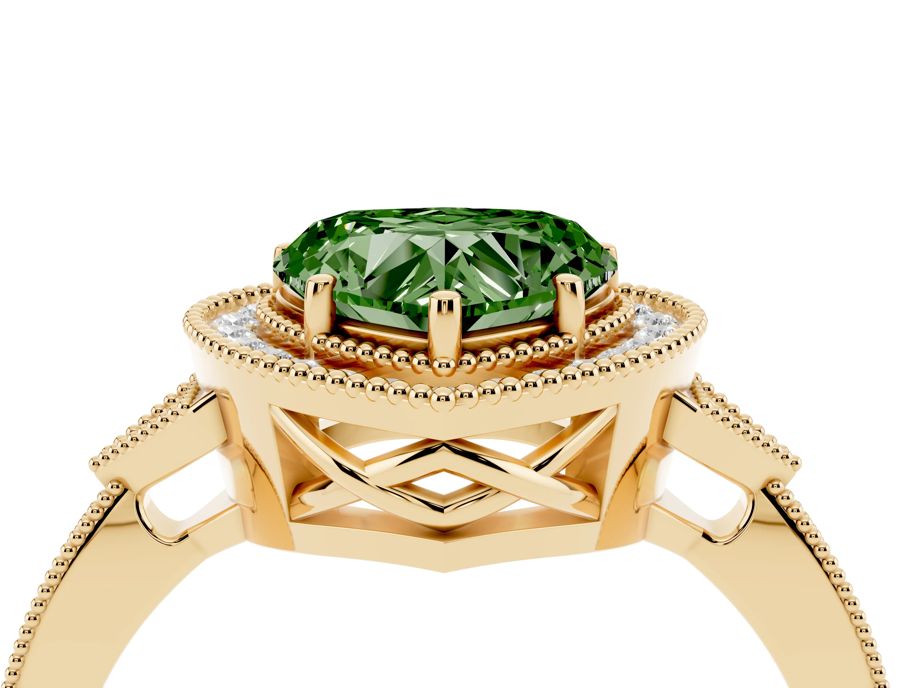 Fancy Green Heart Cut Diamond Halo Engagement Ring Set in Yellow gold with Milgrain Pavé Band