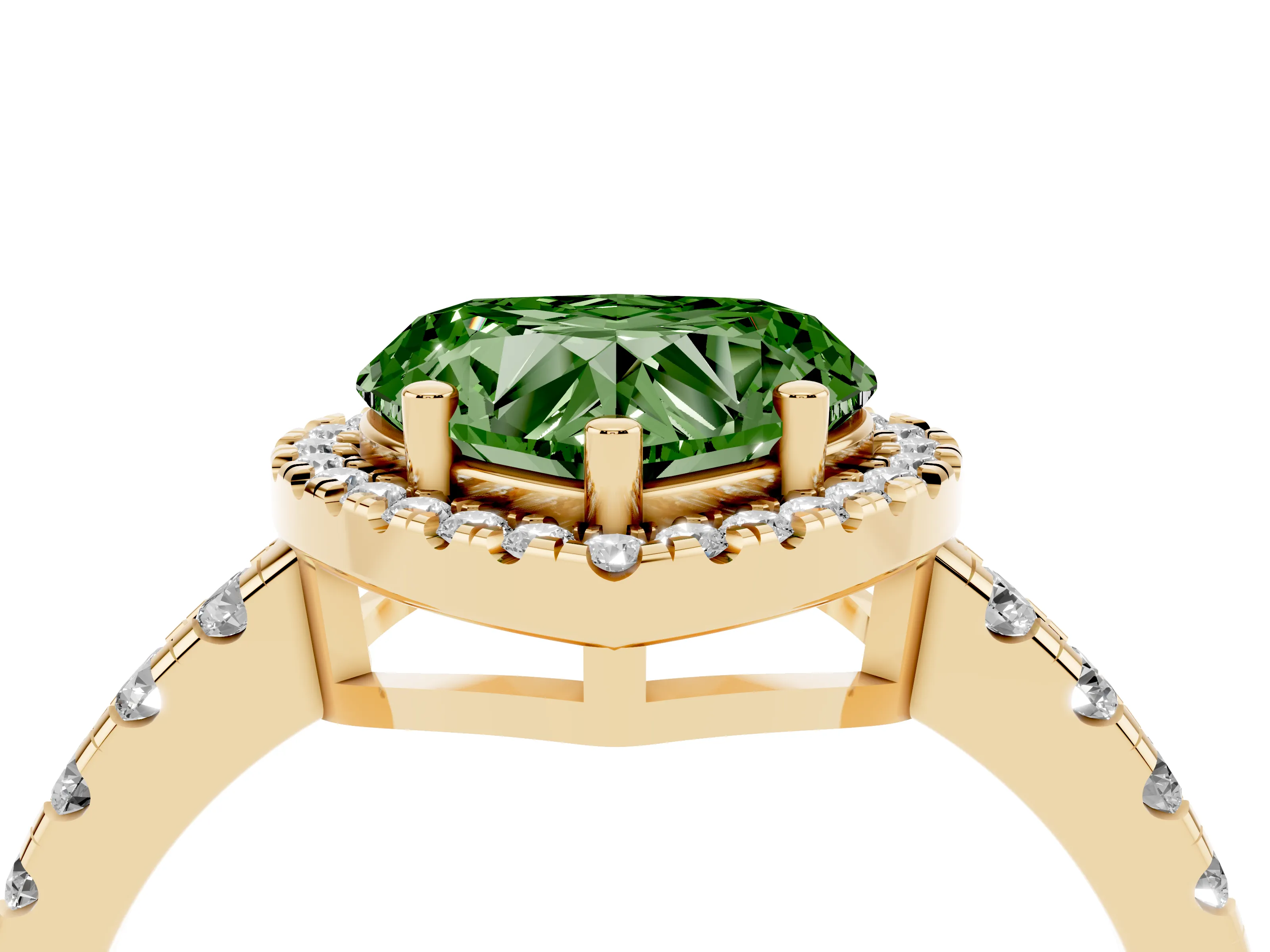 Fancy Green Heart Cut Diamond Halo Ring Set in Yellow gold with Delicate Pavé Band and Prong Setting