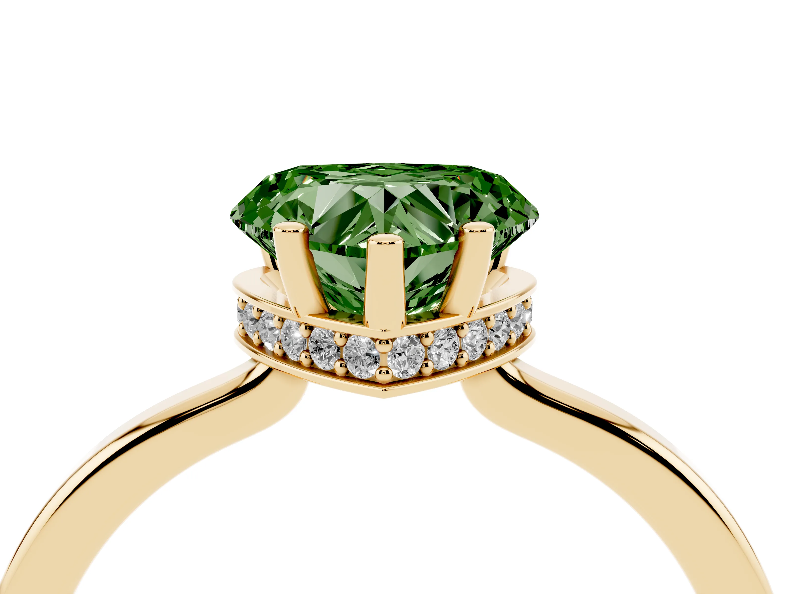 Fancy Green Heart Cut Diamond Solitaire Engagement Ring Set in Yellow gold with Prong Setting on a Plain Band