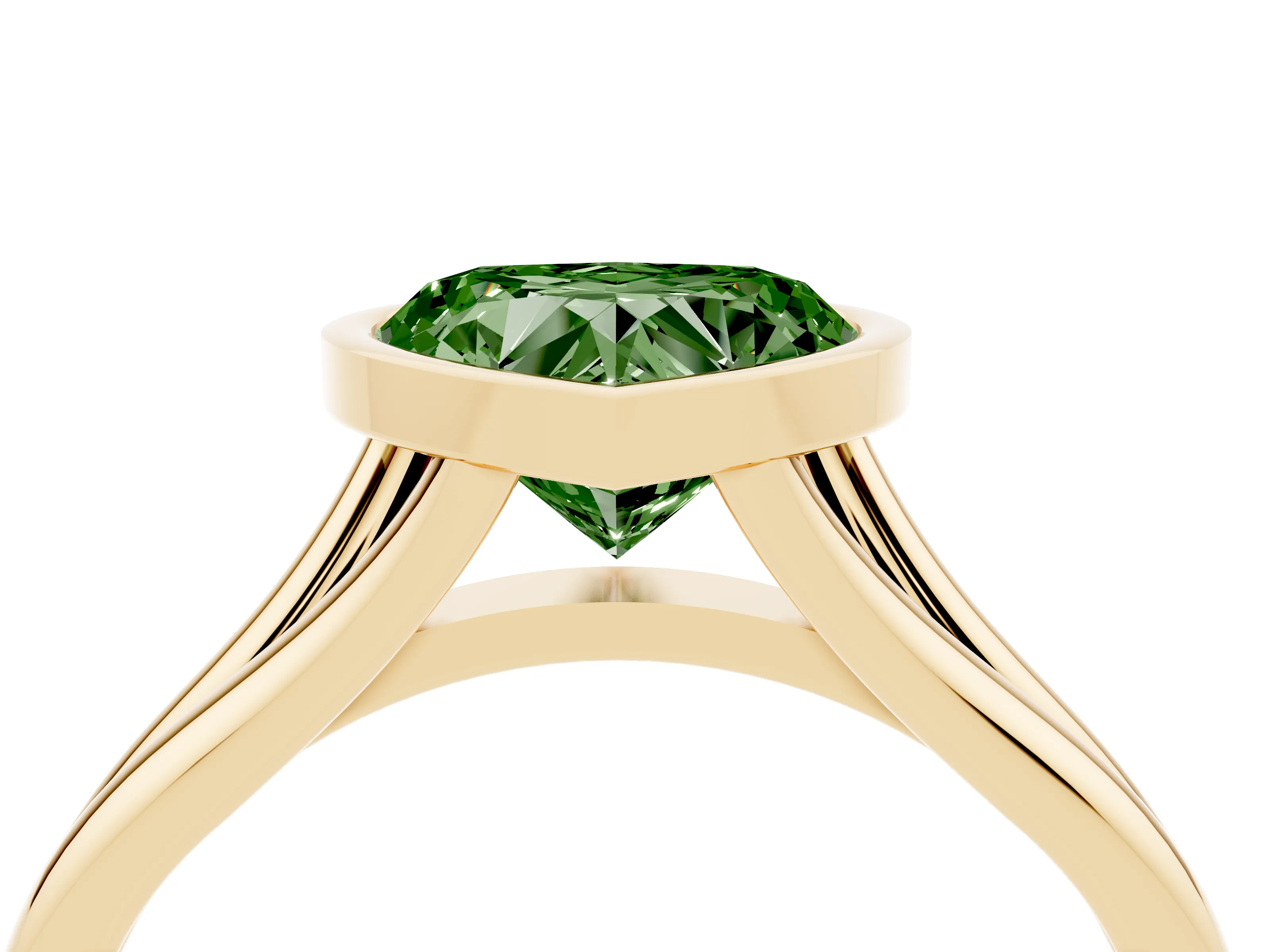 Fancy Green Bezel Set Heart Cut Diamond Solitaire Ring Set in Yellow gold with Tapered Band