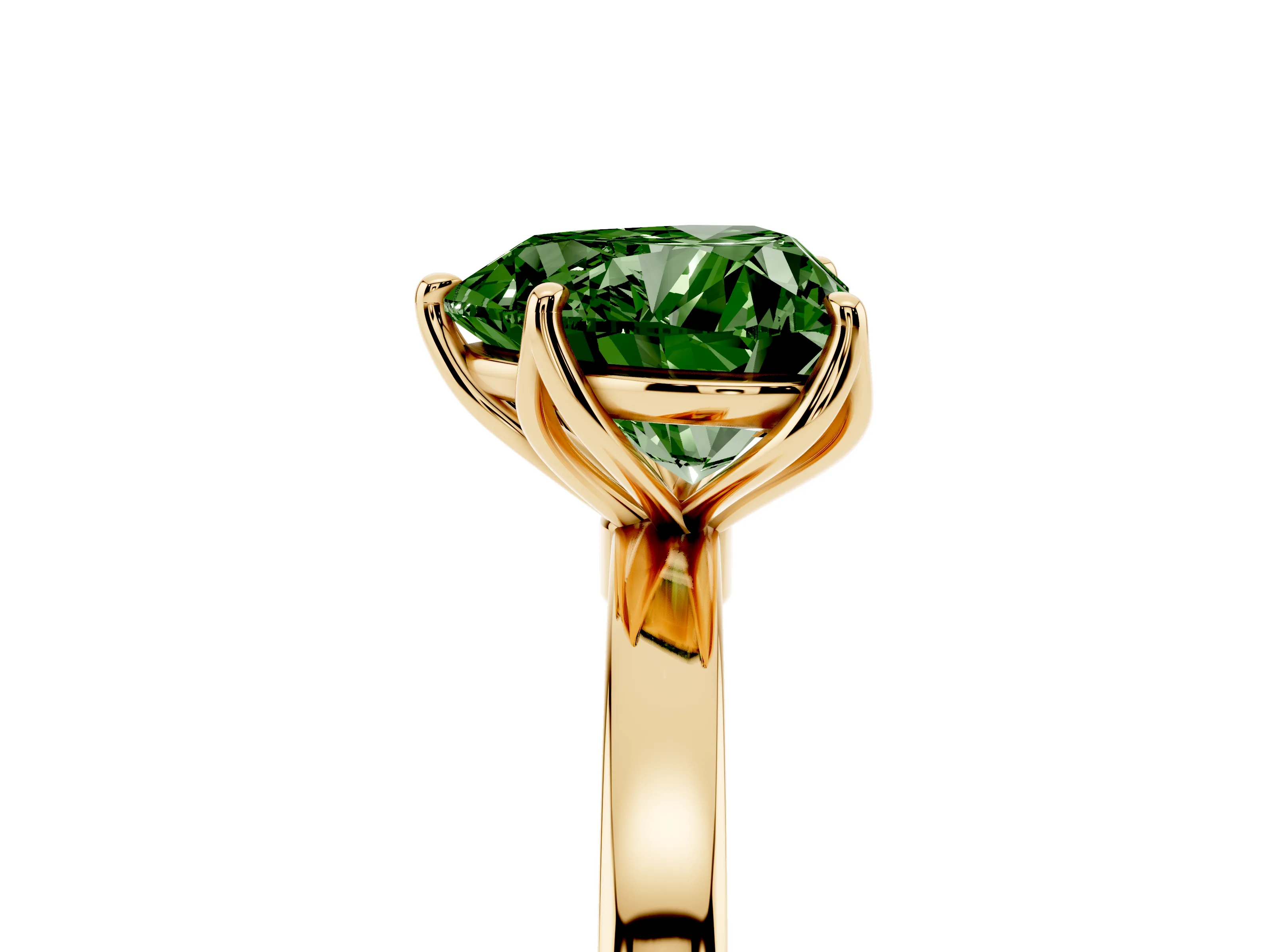 Fancy Green Heart Cut Diamond Solitaire Ring Set in Yellow gold with Prong Setting and Thin Polished Band