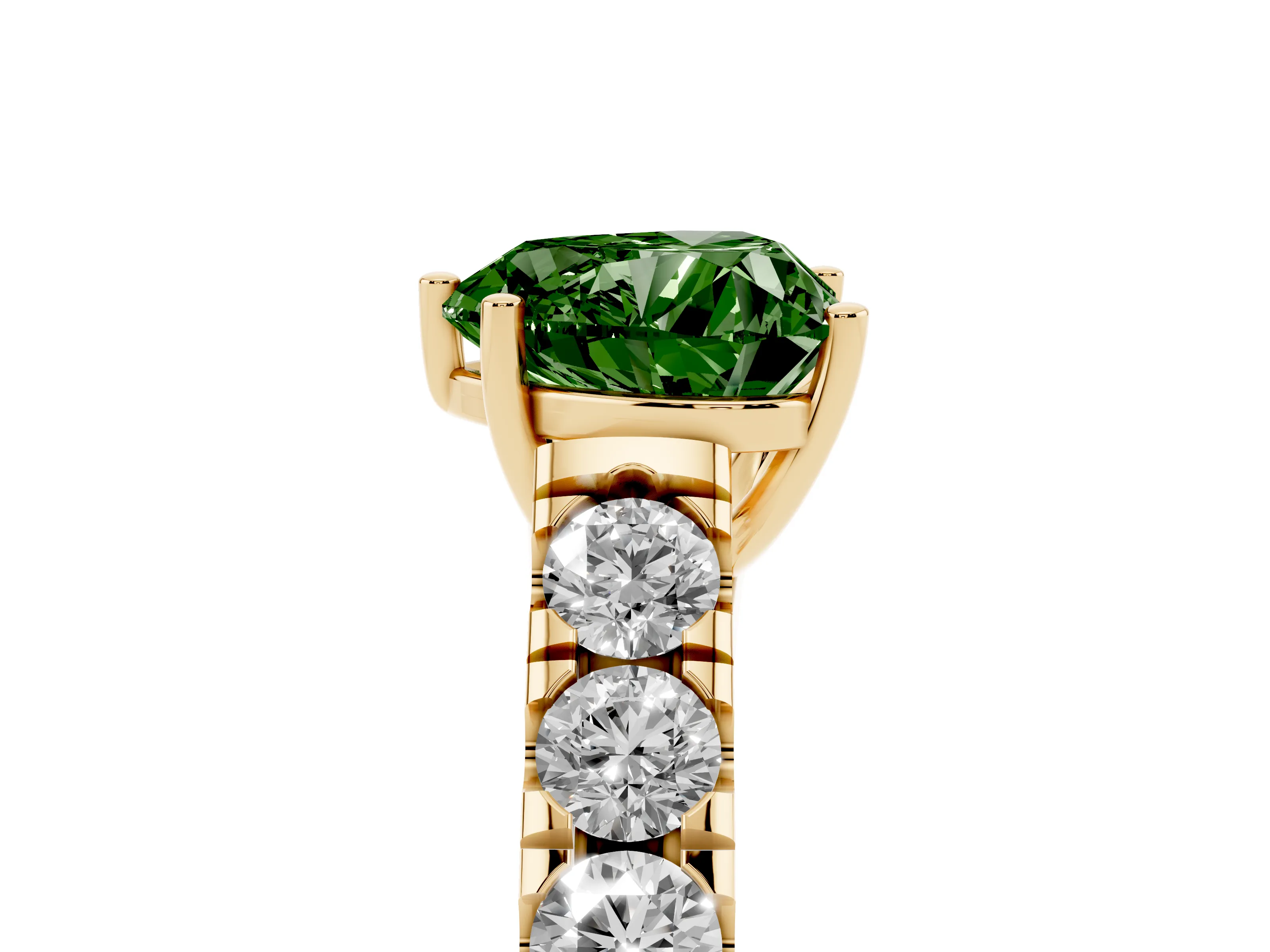 Fancy Green Heart Cut Diamond Solitaire Ring Set in Yellow gold with Cut-Down Micro Pavé Band and Prong Setting