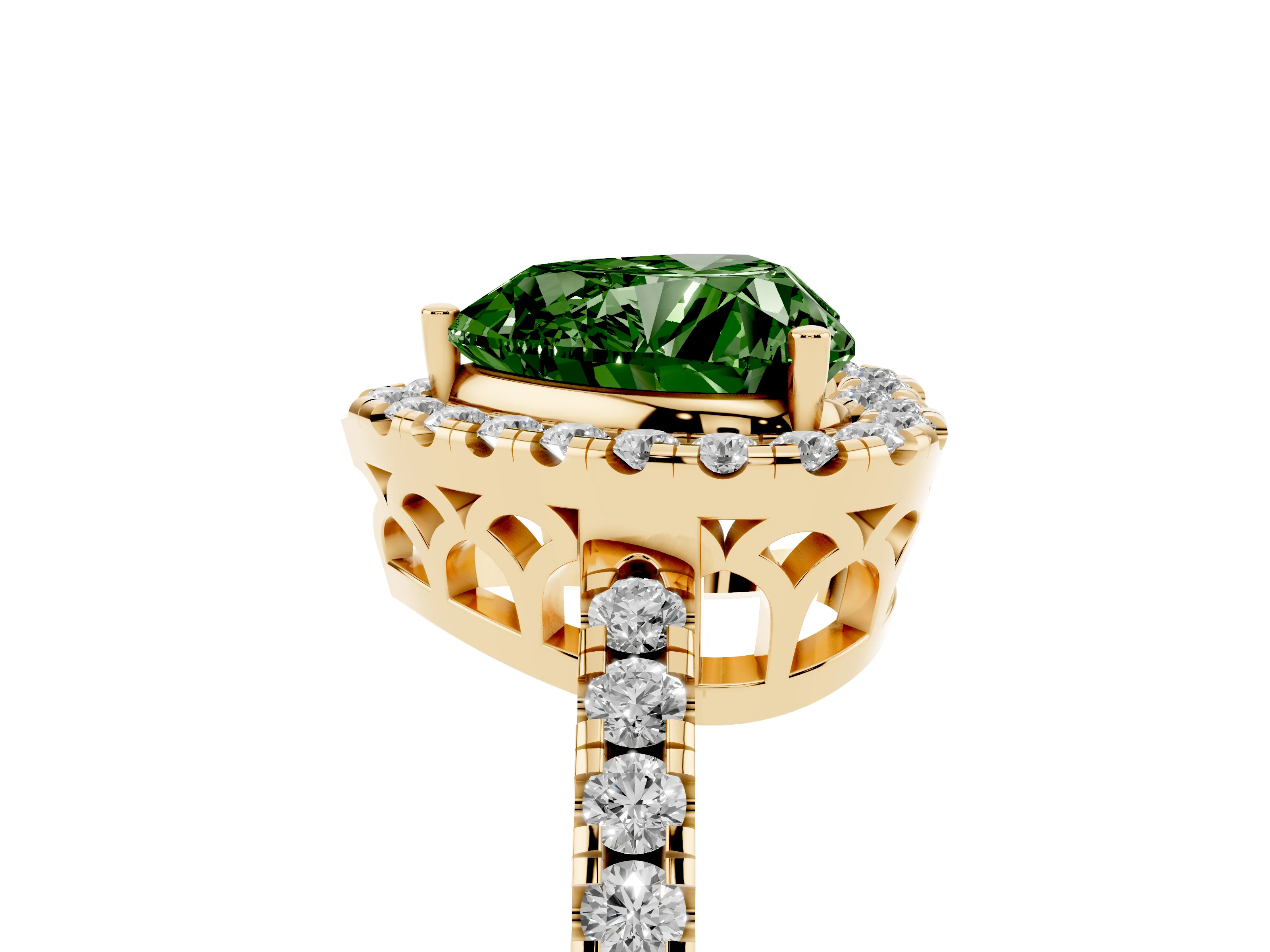 Fancy Green Heart Cut Diamond Pavé Band Halo Engagement Ring Set in Yellow gold with Prong Setting