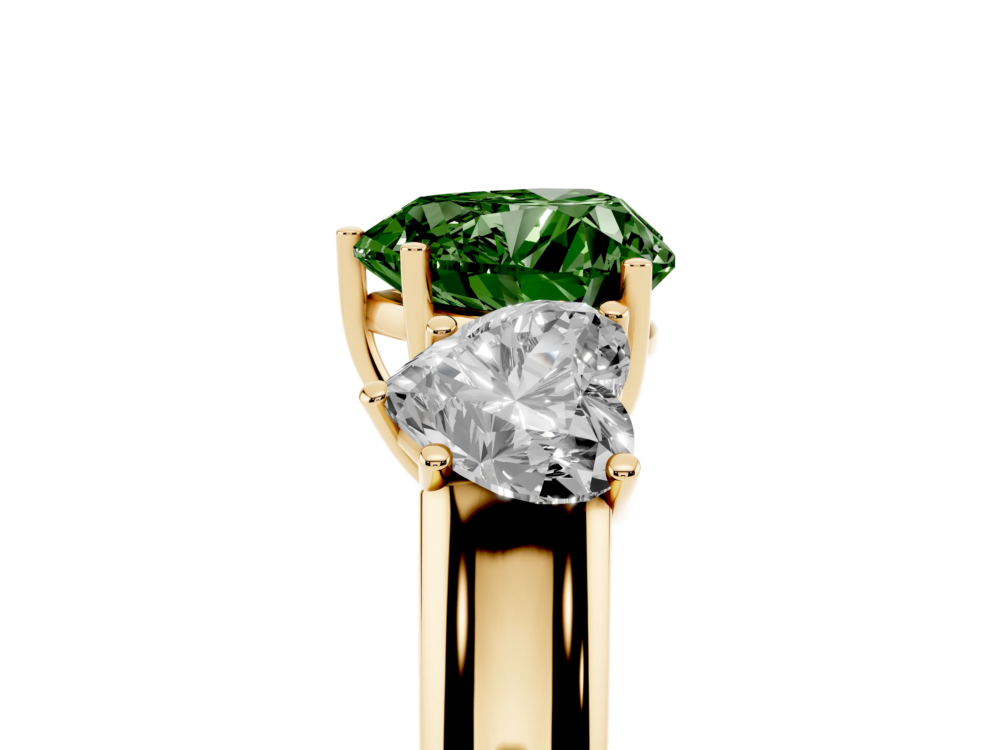 Fancy Green Three-Stone Heart Cut Diamond Ring Set in Yellow gold with Matching Prong Settings and Plain Band