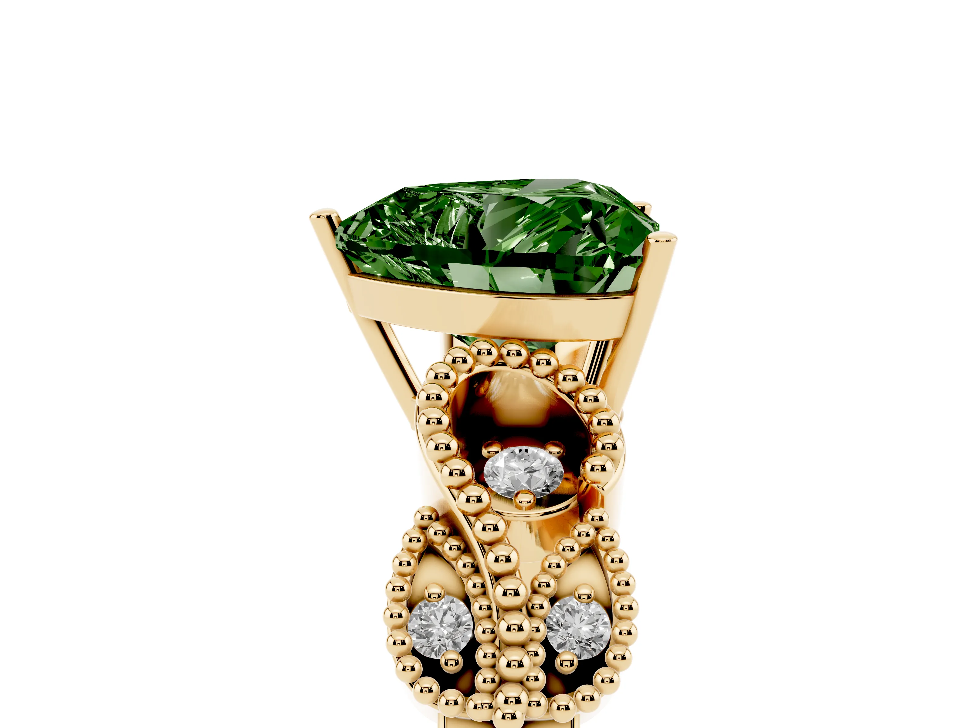 Fancy Green Heart Cut Diamond Milgrain Leaf Band Solitaire Ring Set in Yellow gold with Accent Stones and Prong Setting