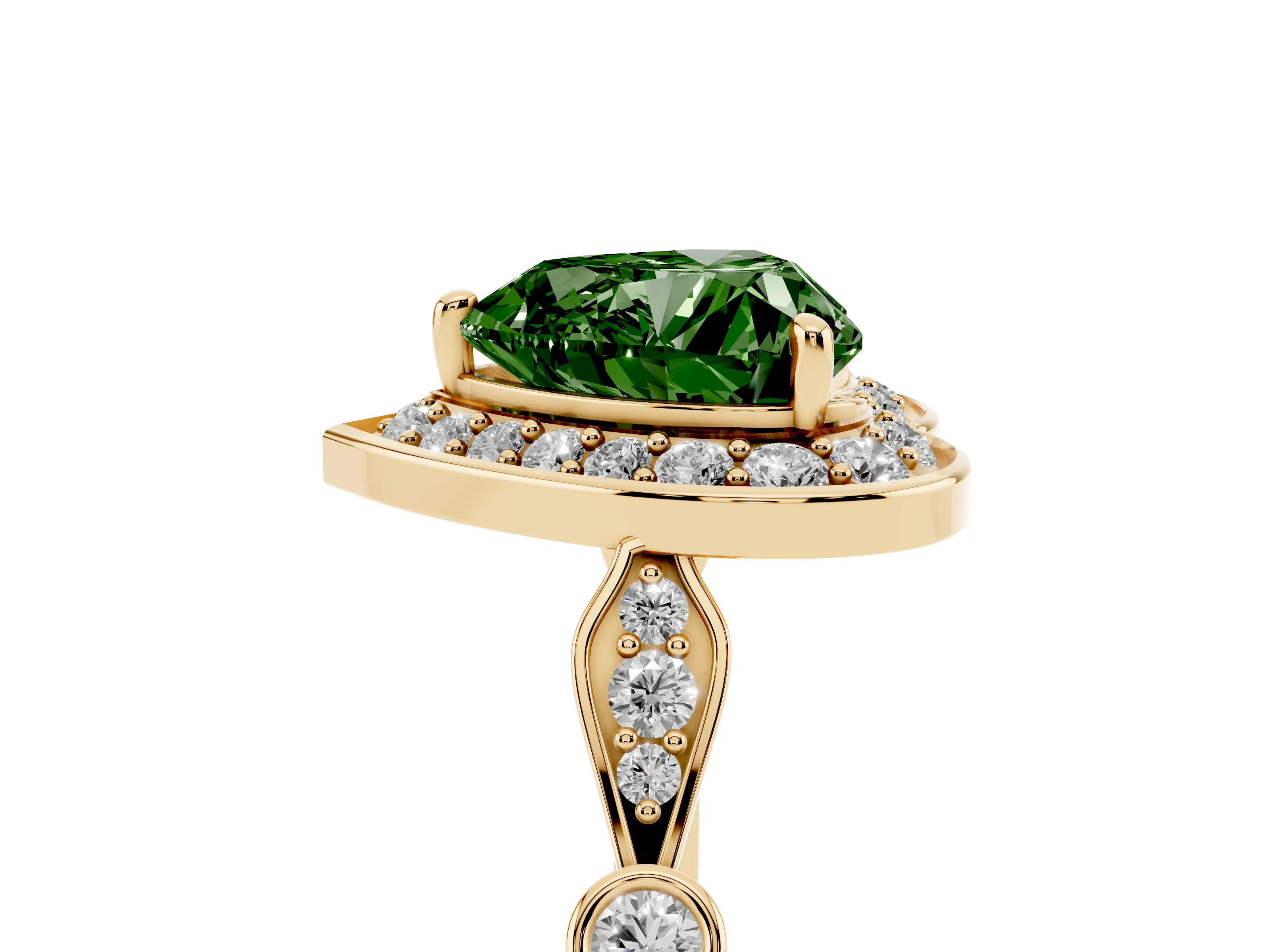 Fancy Green Heart Cut Diamond Halo Engagement Ring Set in Yellow gold with Twisted Band and Prong Setting