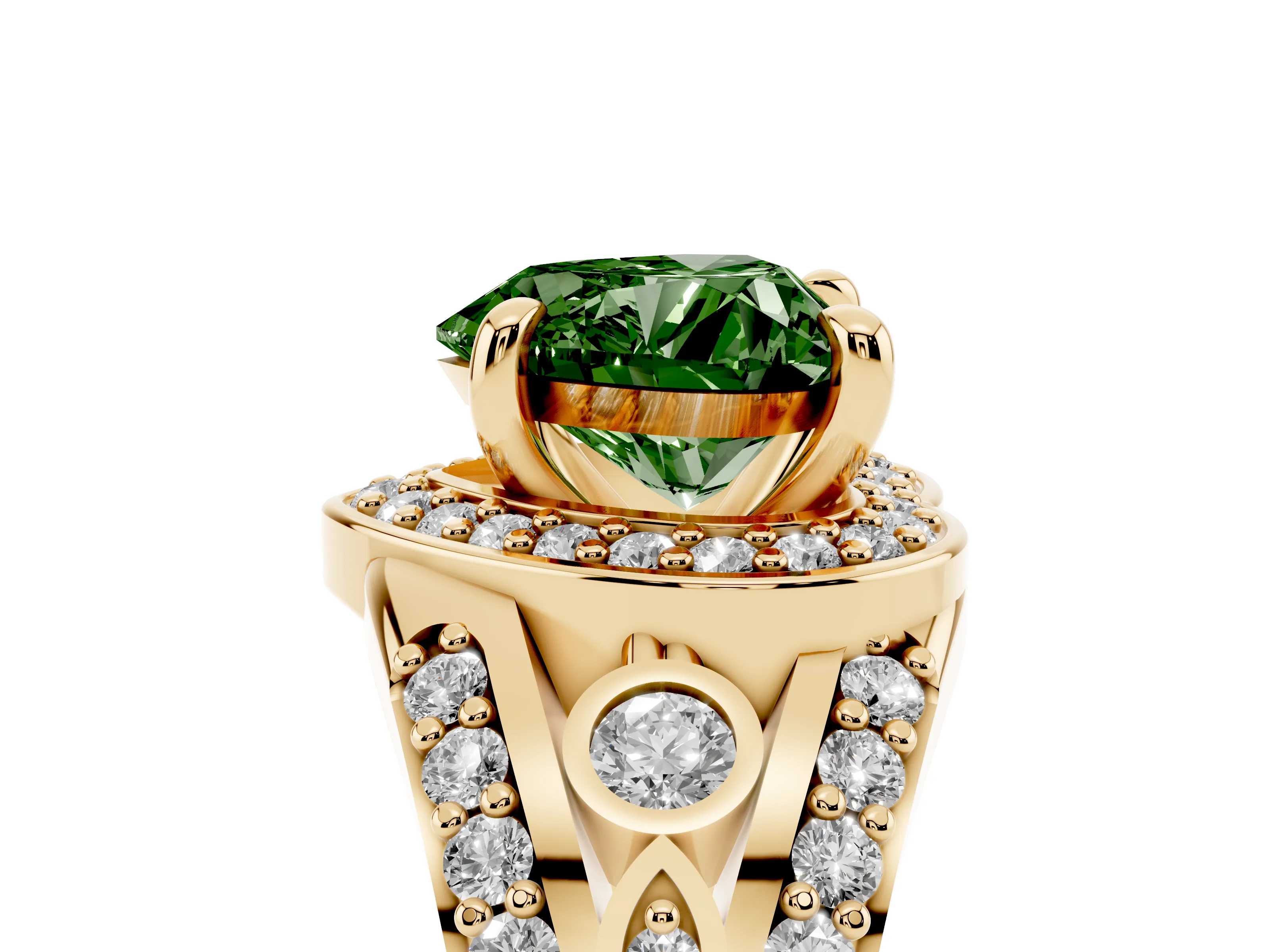 Fancy Green Heart Cut Diamond Halo Ring Set in Yellow gold with Pavé Split Shank and Bezel Accents