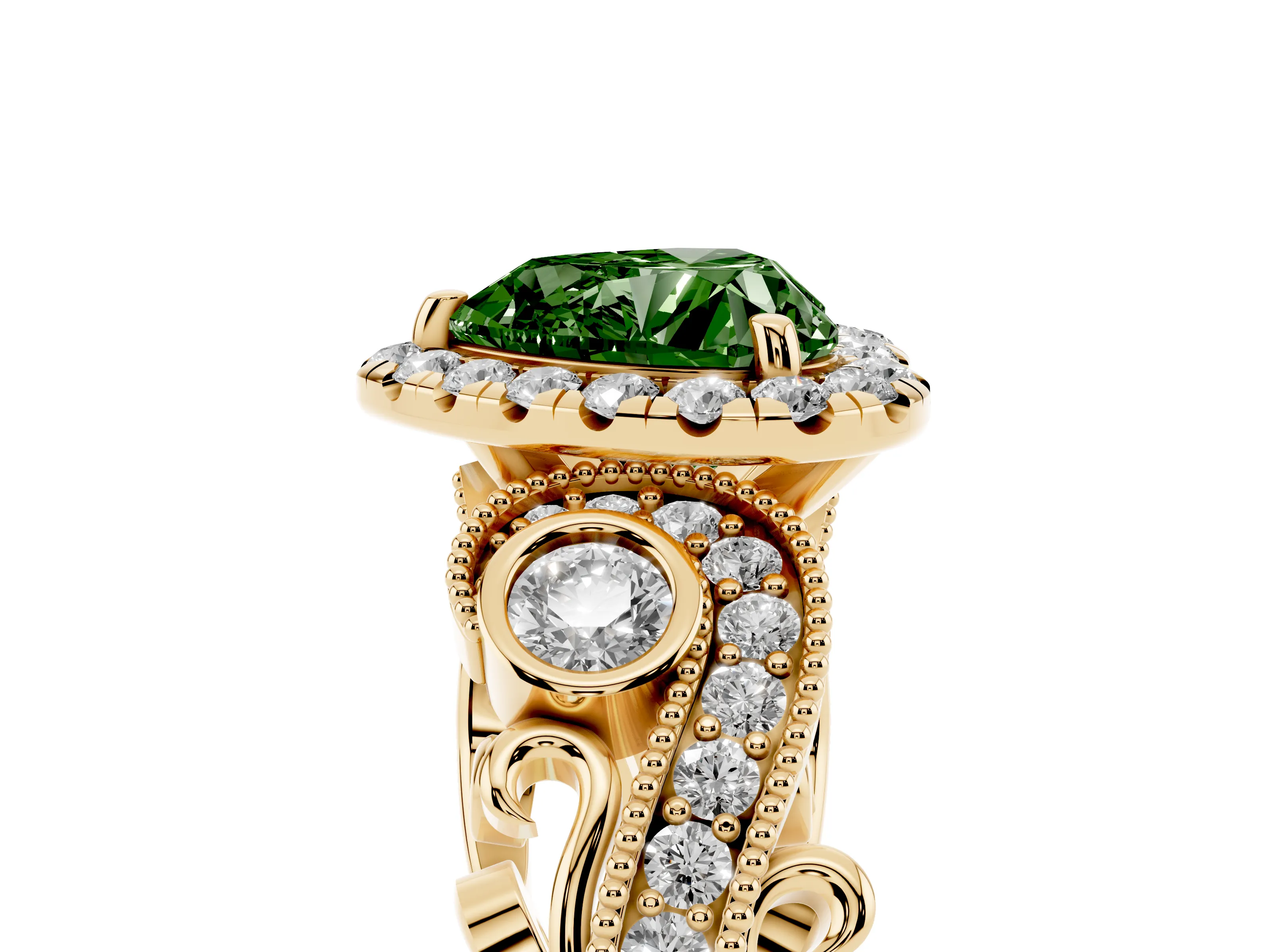 Fancy Green Heart Cut Diamond Halo Ring Set in Yellow gold with Milgrain Pavé Band and Prong Setting