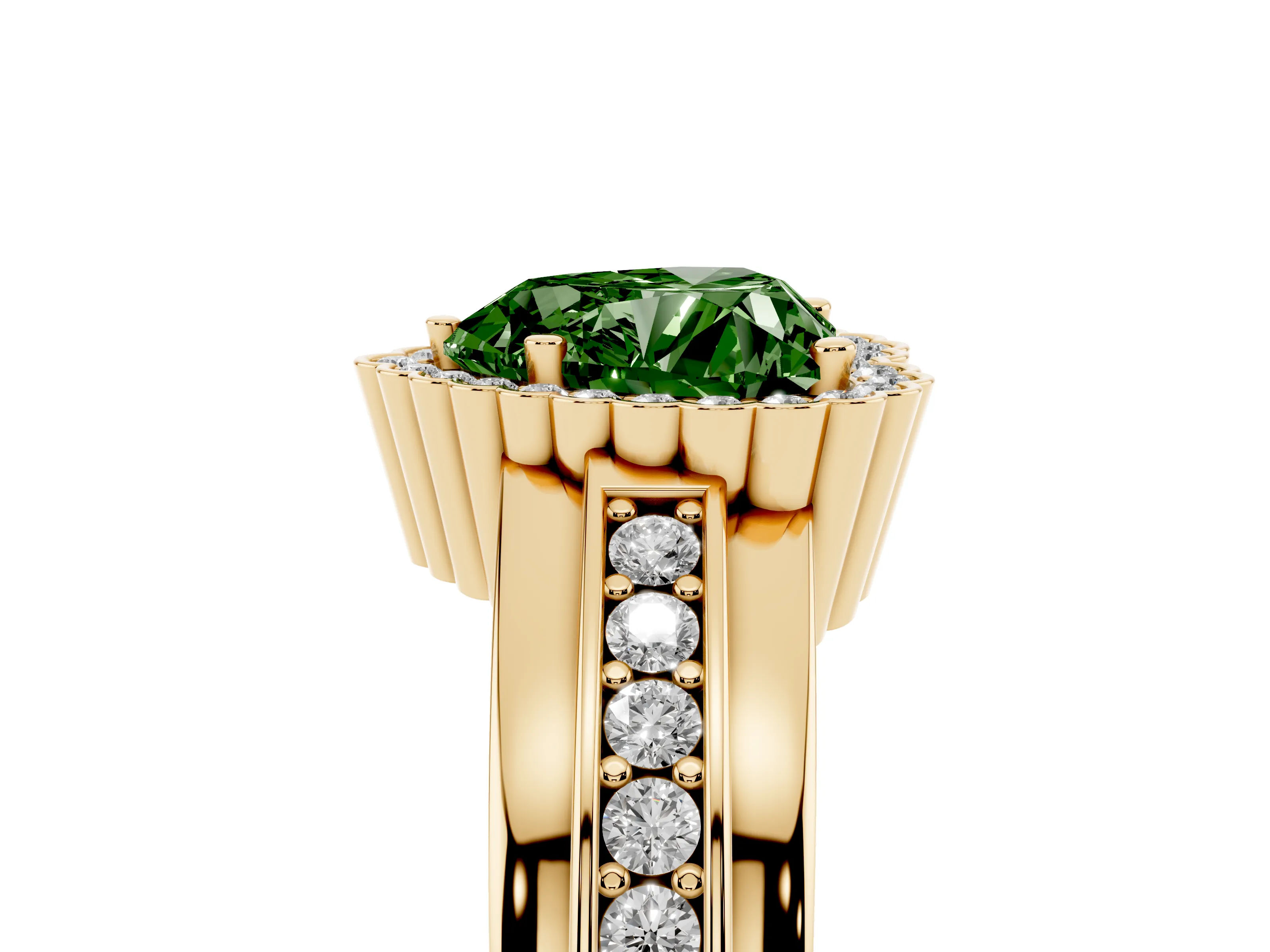 Fancy Green Heart Cut Diamond Halo Prong Ring Set in Yellow gold with Pavé Band