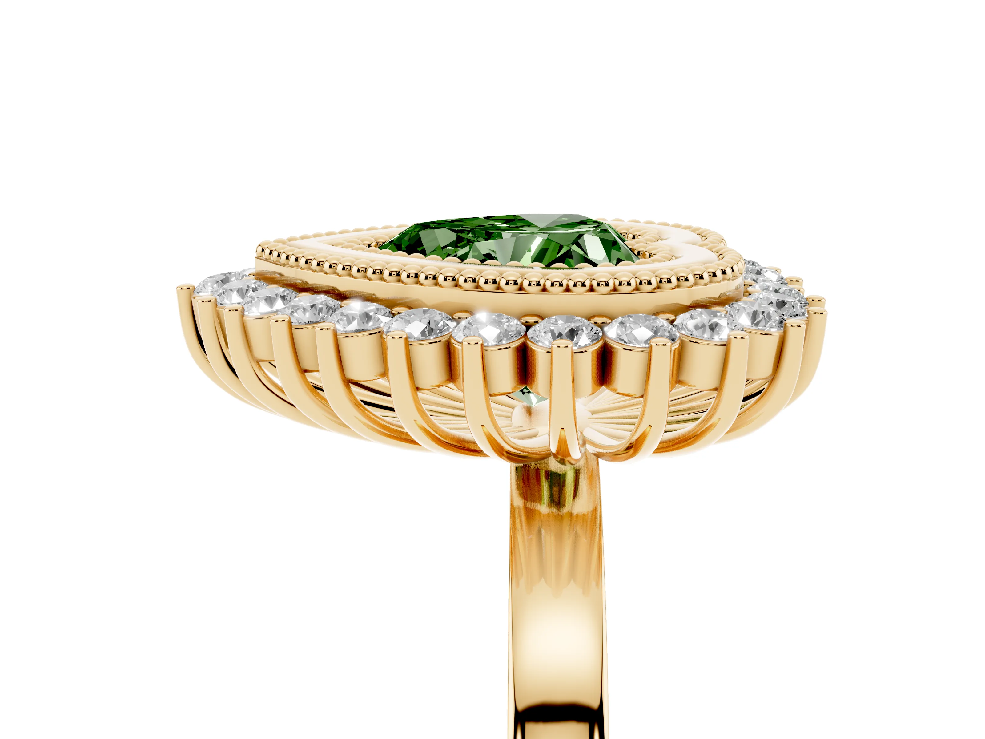 Fancy Green Heart Cut Diamond Halo Ring Set in Yellow gold with Milgrain Edge and Round Prong Setting