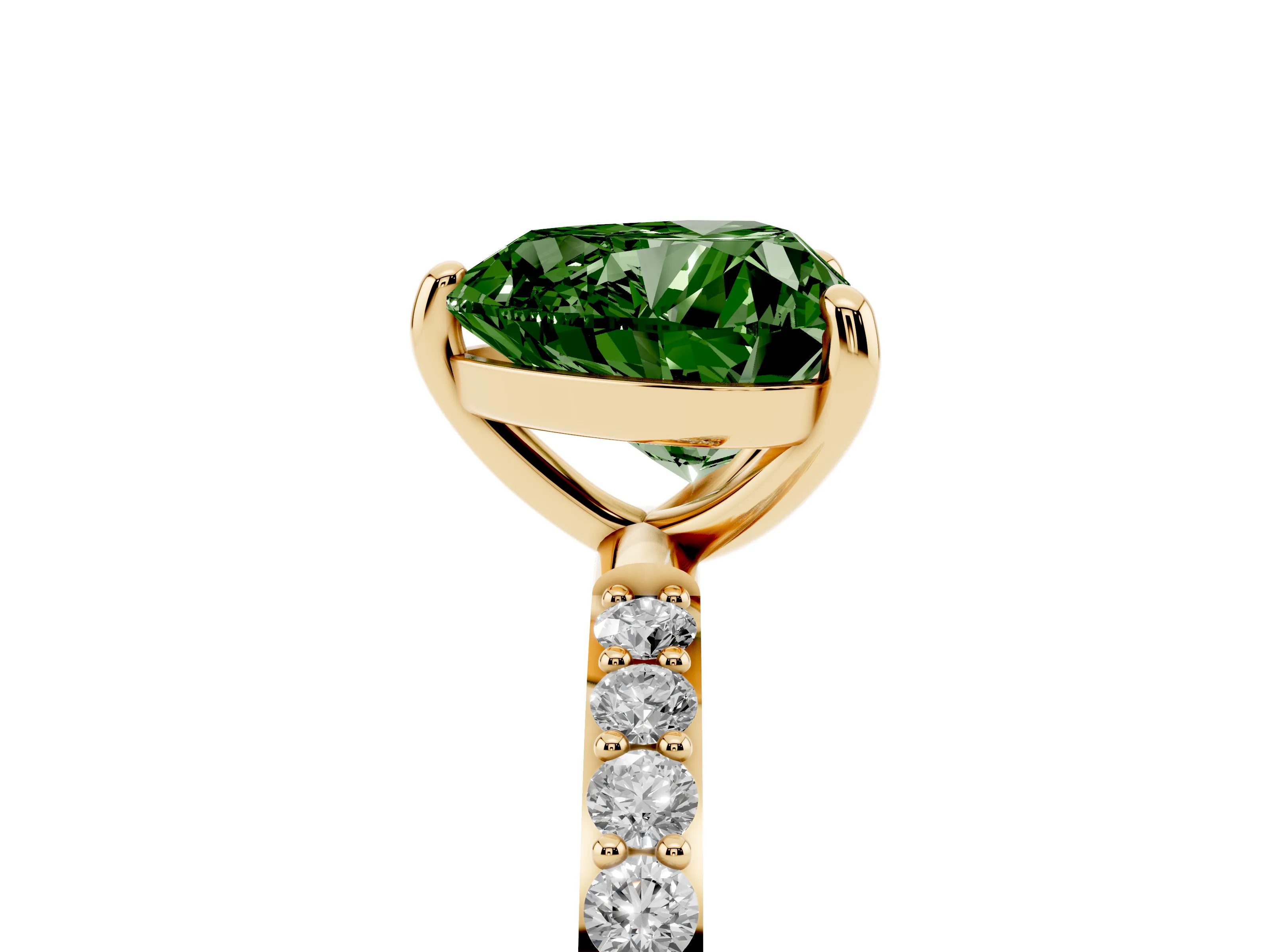 Fancy Green Heart Cut Diamond Solitaire Ring Set in Yellow gold with Round Pavé Band and Prong Setting