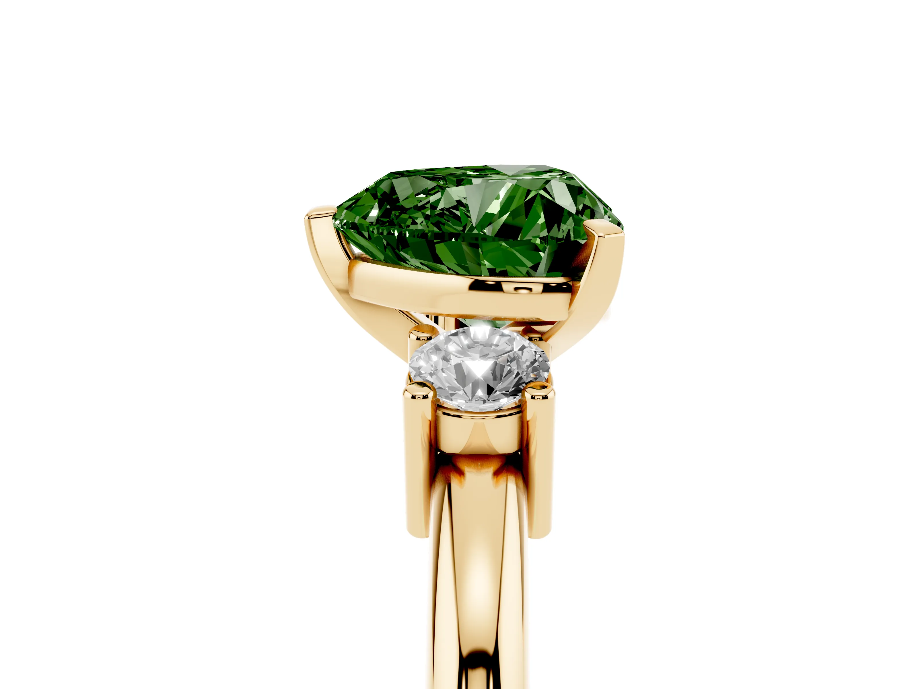 Fancy Green Three-Stone Heart Cut Diamond Ring Set in Yellow gold with Prong Setting and Plain Band